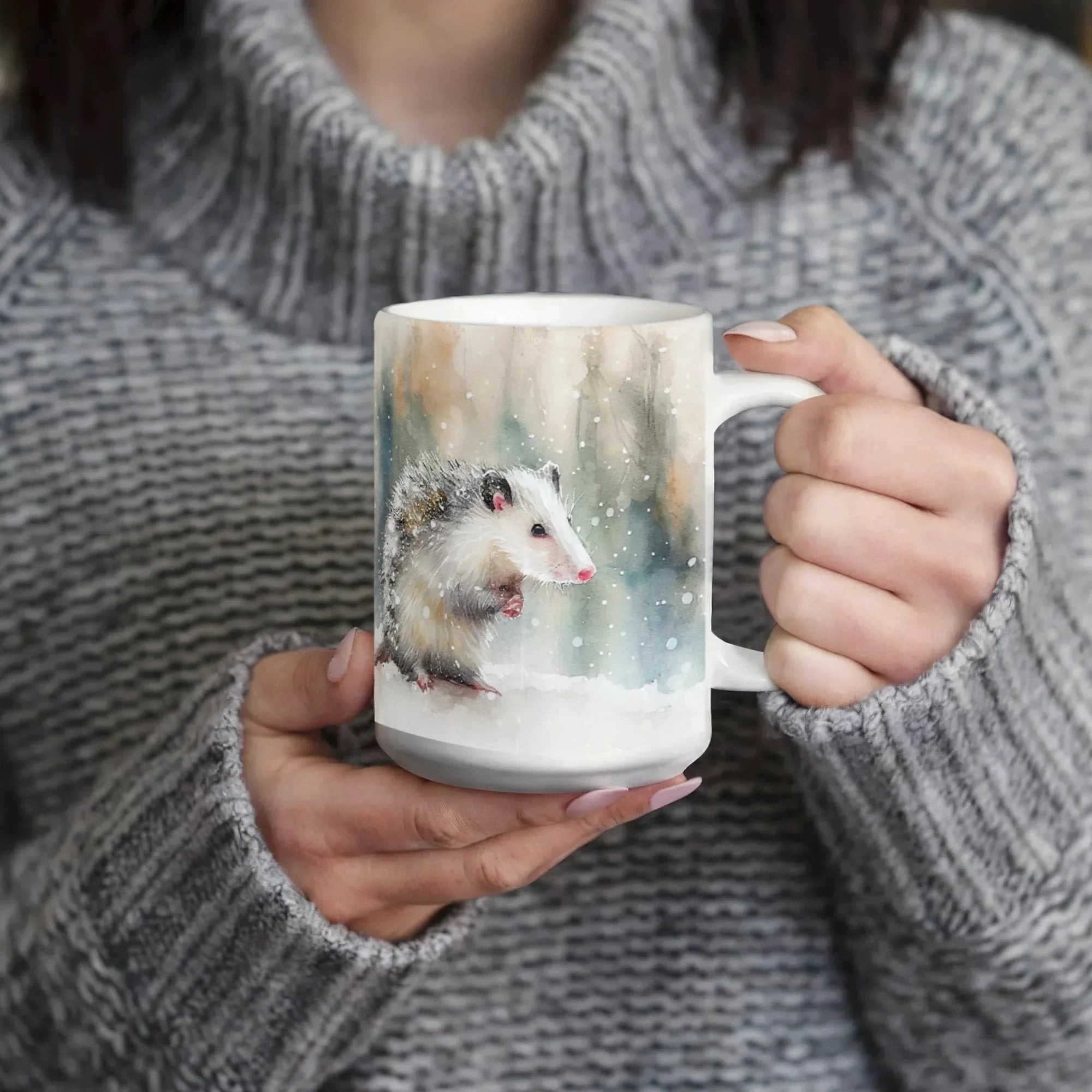 Opossum Coffee Mug – White Ceramic Mug with Possum Winter Watercolor Design | 11oz & 15oz Sizes
