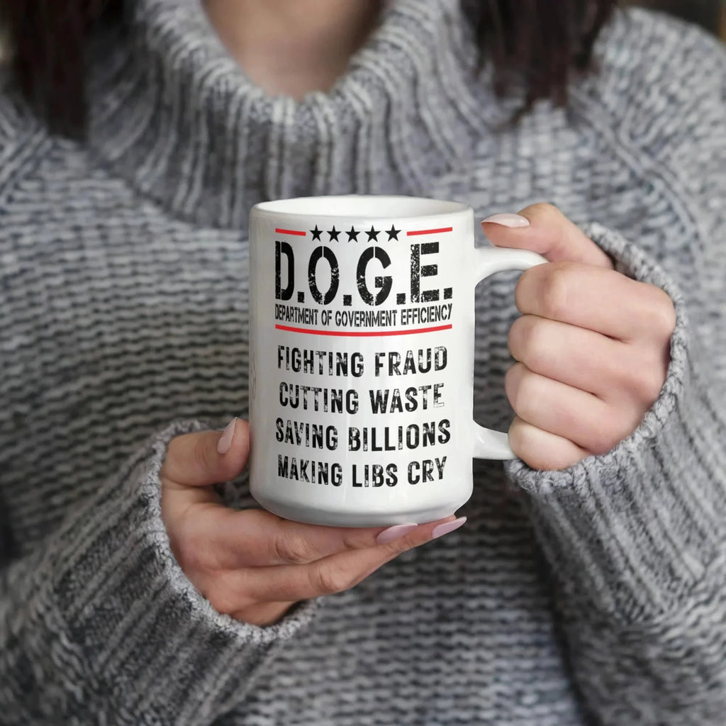 D.O.G.E. Coffee Mug – Funny Conservative Political Gift – Fighting Fraud, Cutting Waste, Saving Billions – 11oz & 15oz White Ceramic Cup