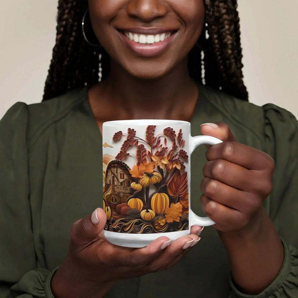Happy Thanksgiving Coffee Mug – Festive Autumn Pumpkins & Fall Leaves Design – Available in 11oz & 15oz Ceramic