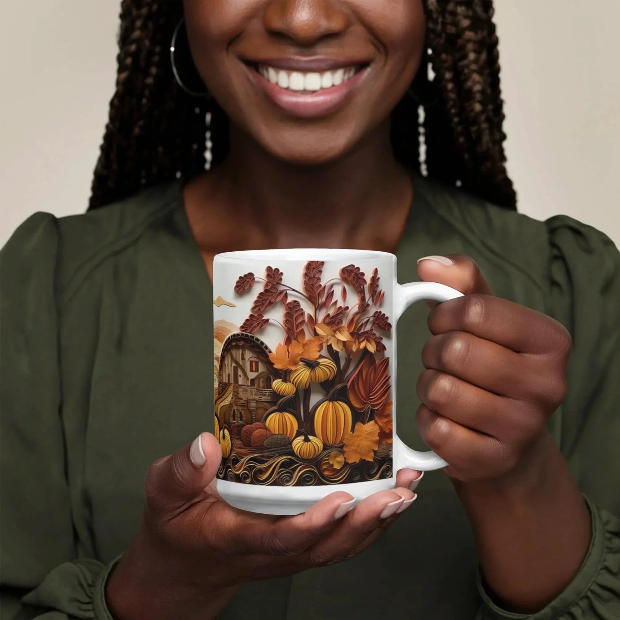 Happy Thanksgiving Coffee Mug – Festive Autumn Pumpkins & Fall Leaves Design – Available in 11oz & 15oz Ceramic