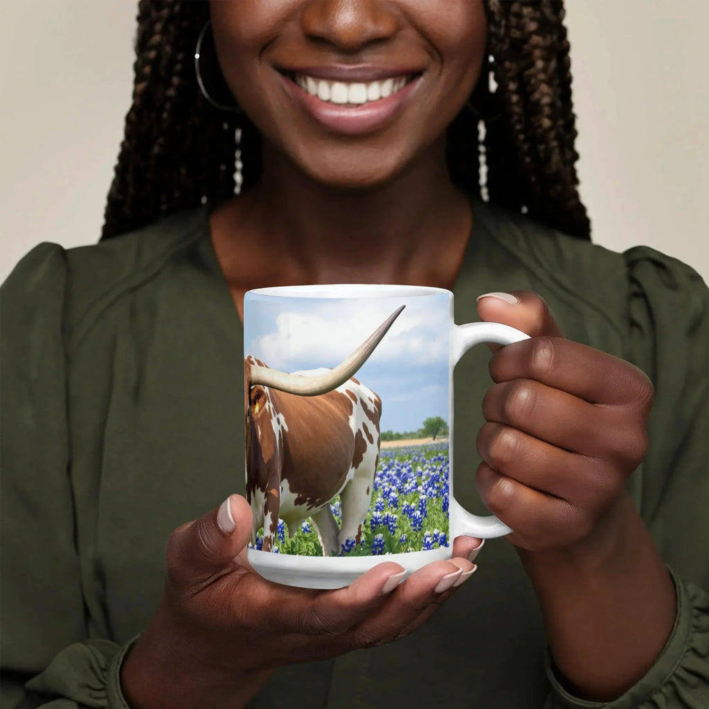 Texas Longhorn in Bluebonnets Ceramic Mug – 11oz & 15oz Coffee Cup for Western & Texas Pride Lovers