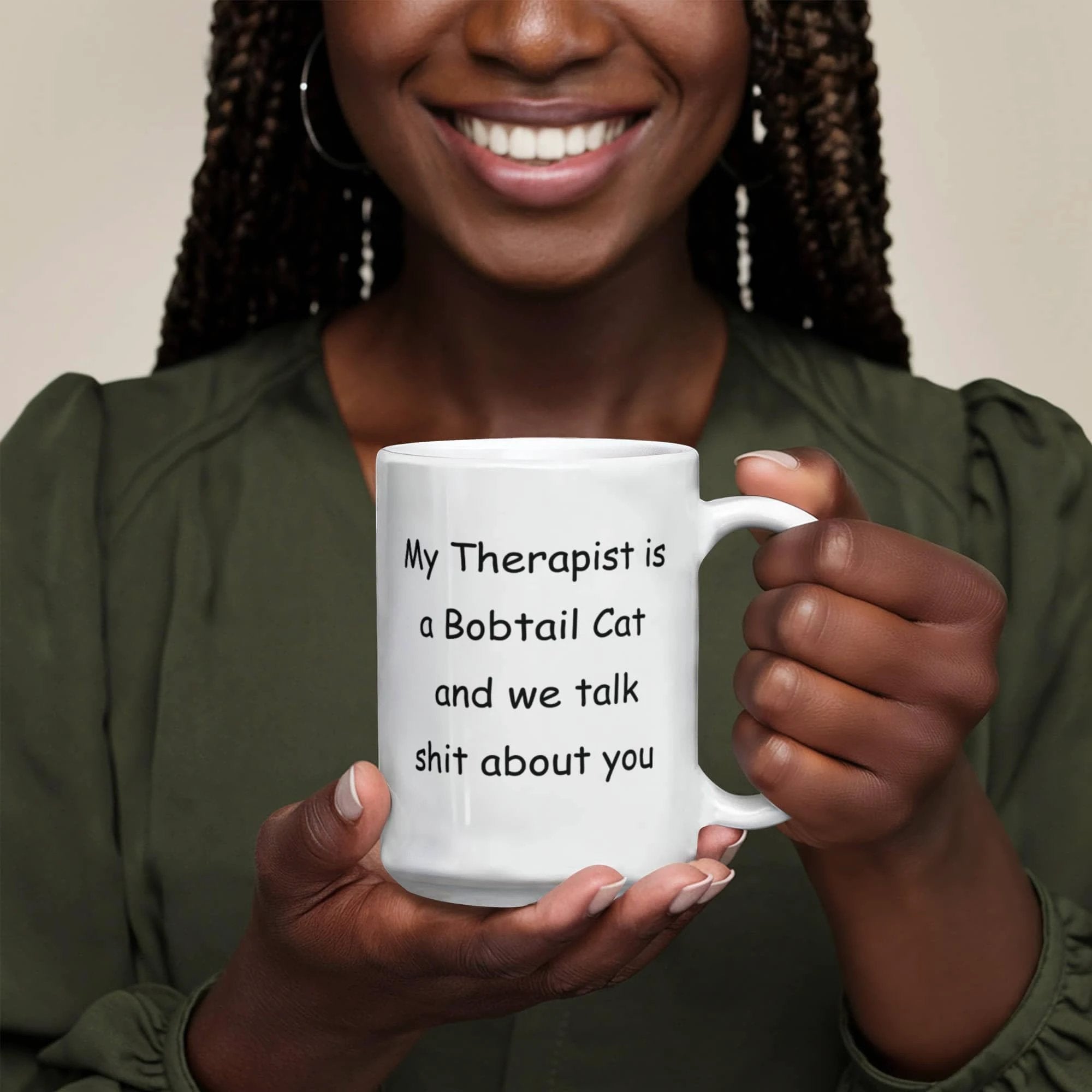 My Therapist Is a Bobtail Cat Funny Cat Lover Ceramic Coffee Mug – Sarcastic Gift for Cat Moms & Cat Dads