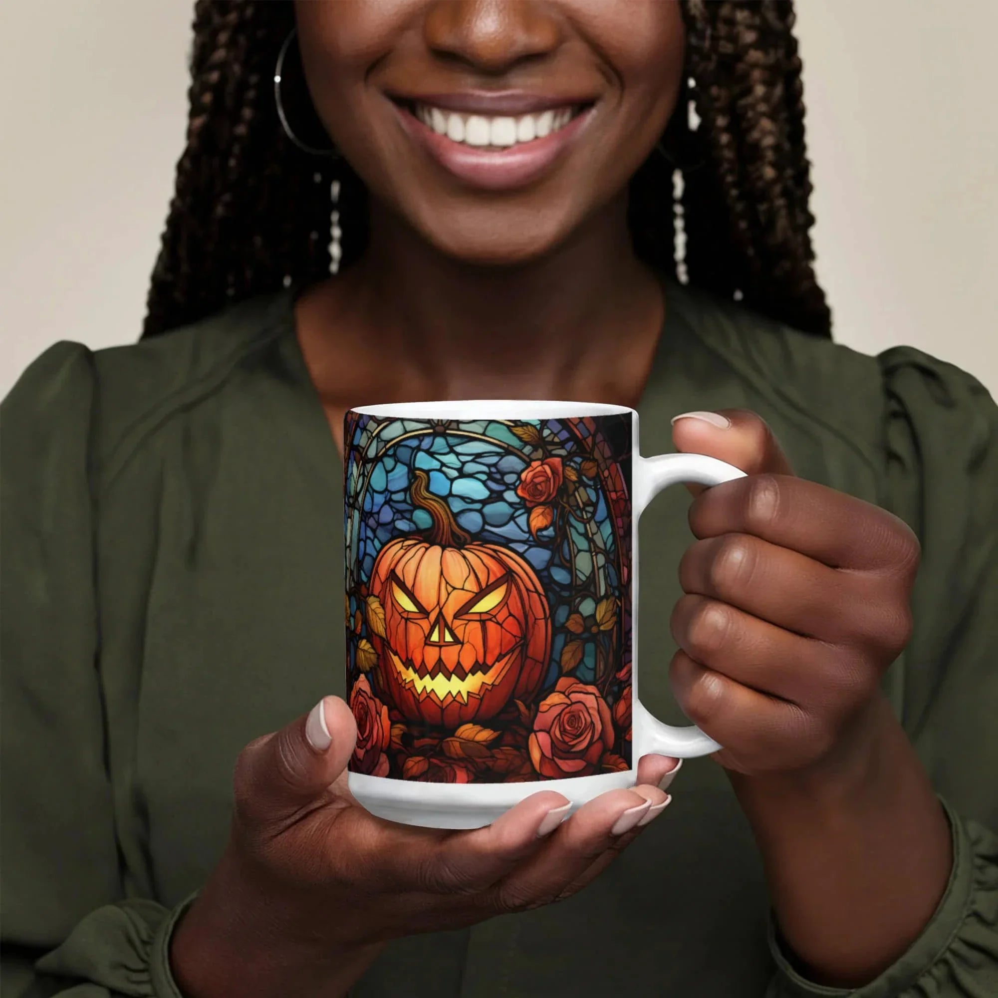 Stained Glass Pumpkin Halloween Mug – Vibrant Jack-O'-Lantern Coffee Cup | Fall Drinkware