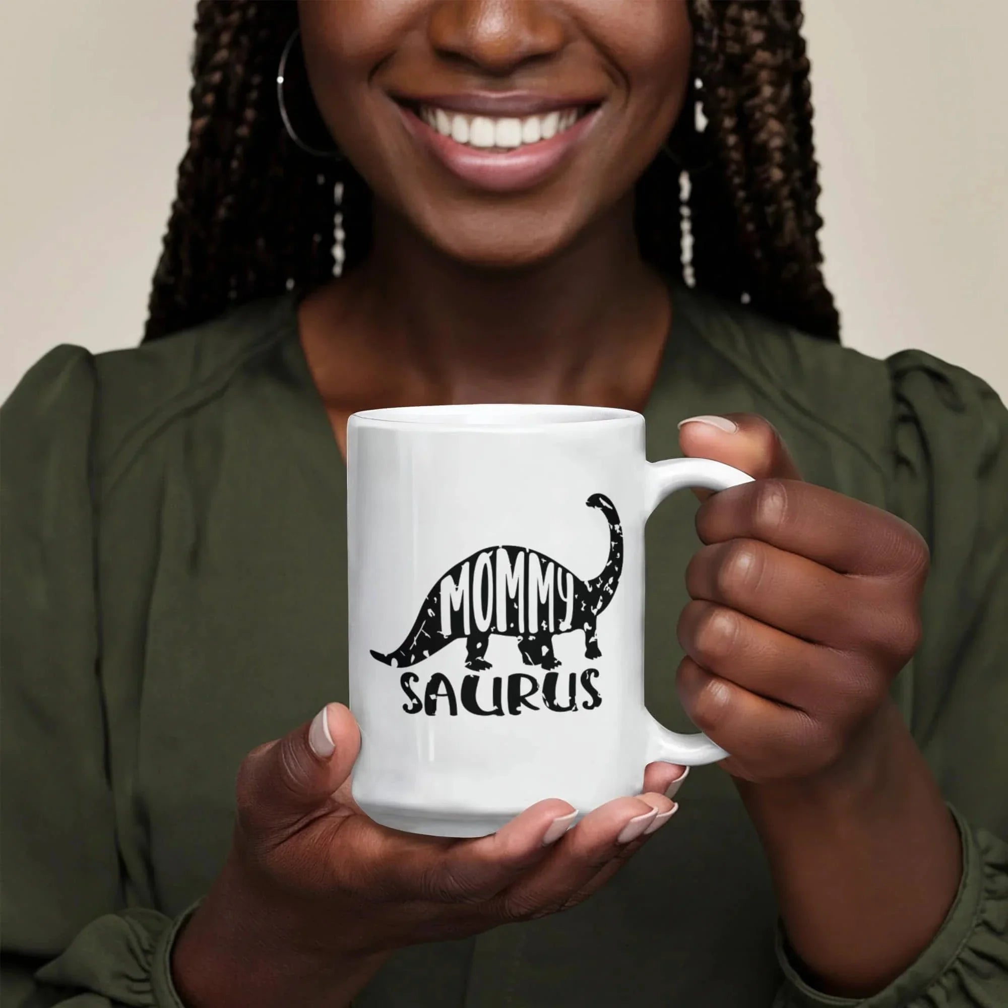 Mommy Saurus Dinosaur Mug – Funny Gift for Moms – White Ceramic Coffee Mug