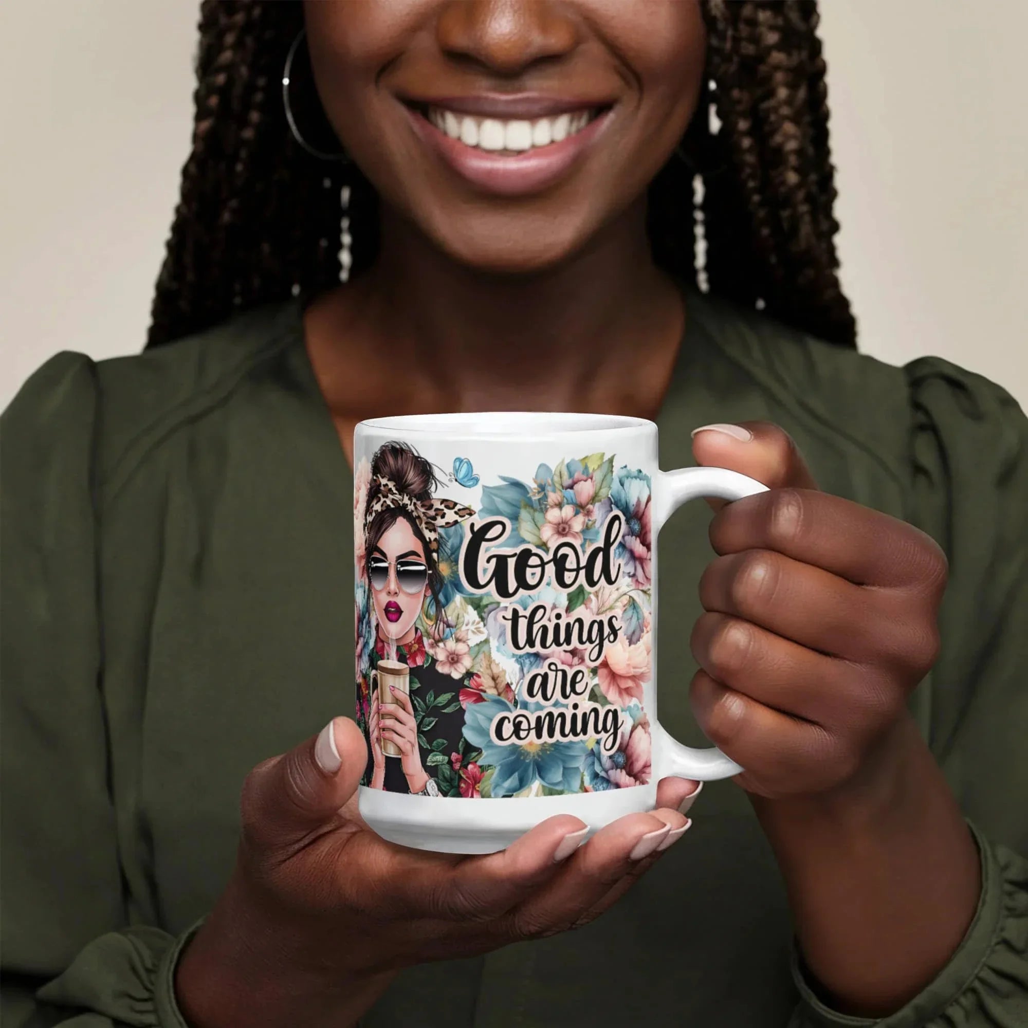 Good Things Are Coming Coffee Mug – Motivational Floral Mug with Stylish Woman, Positive Quote Gift for Women, Friends, Coworkers & Coffee Lovers