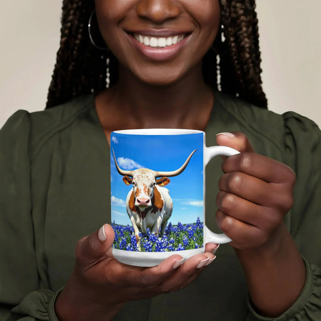 Texas Longhorn in Bluebonnet Field Ceramic Mug – 11oz & 15oz Coffee Cup - Western, Ranch, and Texan Pride