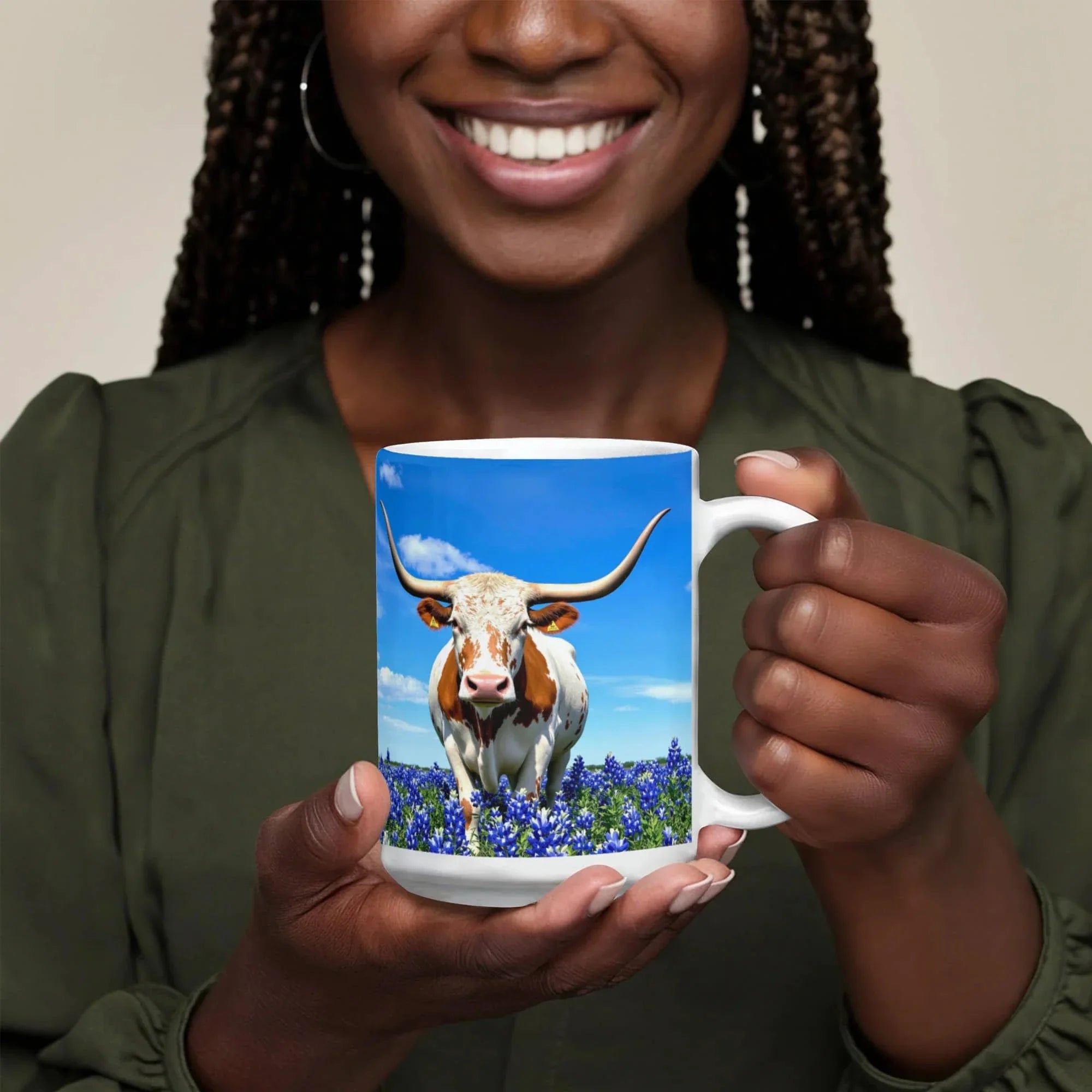 Texas Longhorn in Bluebonnet Field Ceramic Mug – 11oz & 15oz Coffee Cup - Western, Ranch, and Texan Pride