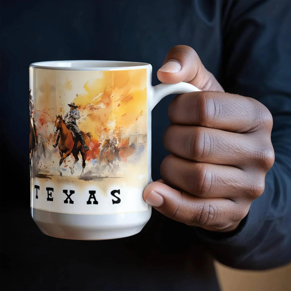 Texas Rodeo Cowboy Ceramic Mug – 11oz & 15oz – Western Horseback Riding Coffee Cup for Texans, Ranchers, Cowgirls & Lone Star State Fans