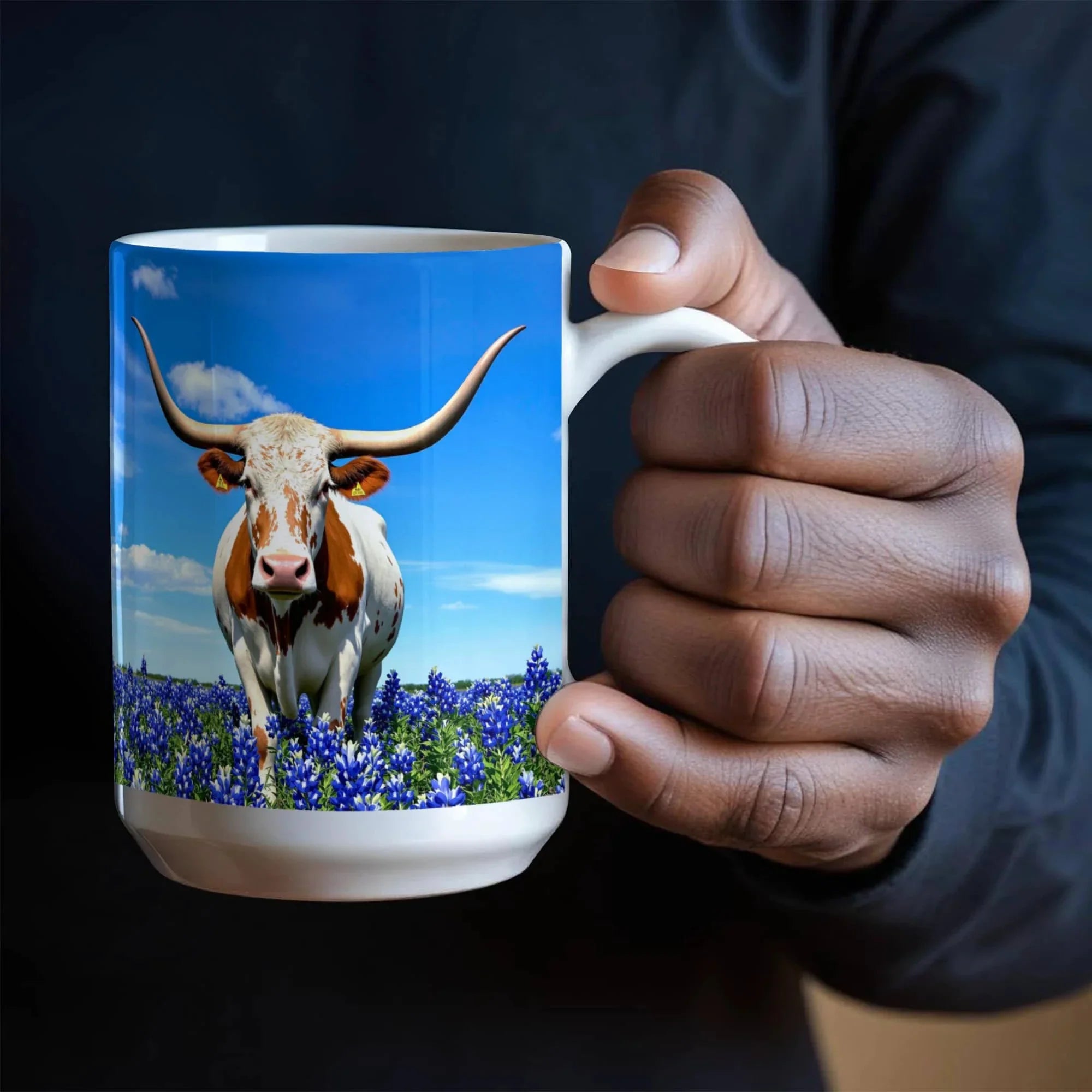 Texas Longhorn in Bluebonnet Field Ceramic Mug – 11oz & 15oz Coffee Cup - Western, Ranch, and Texan Pride