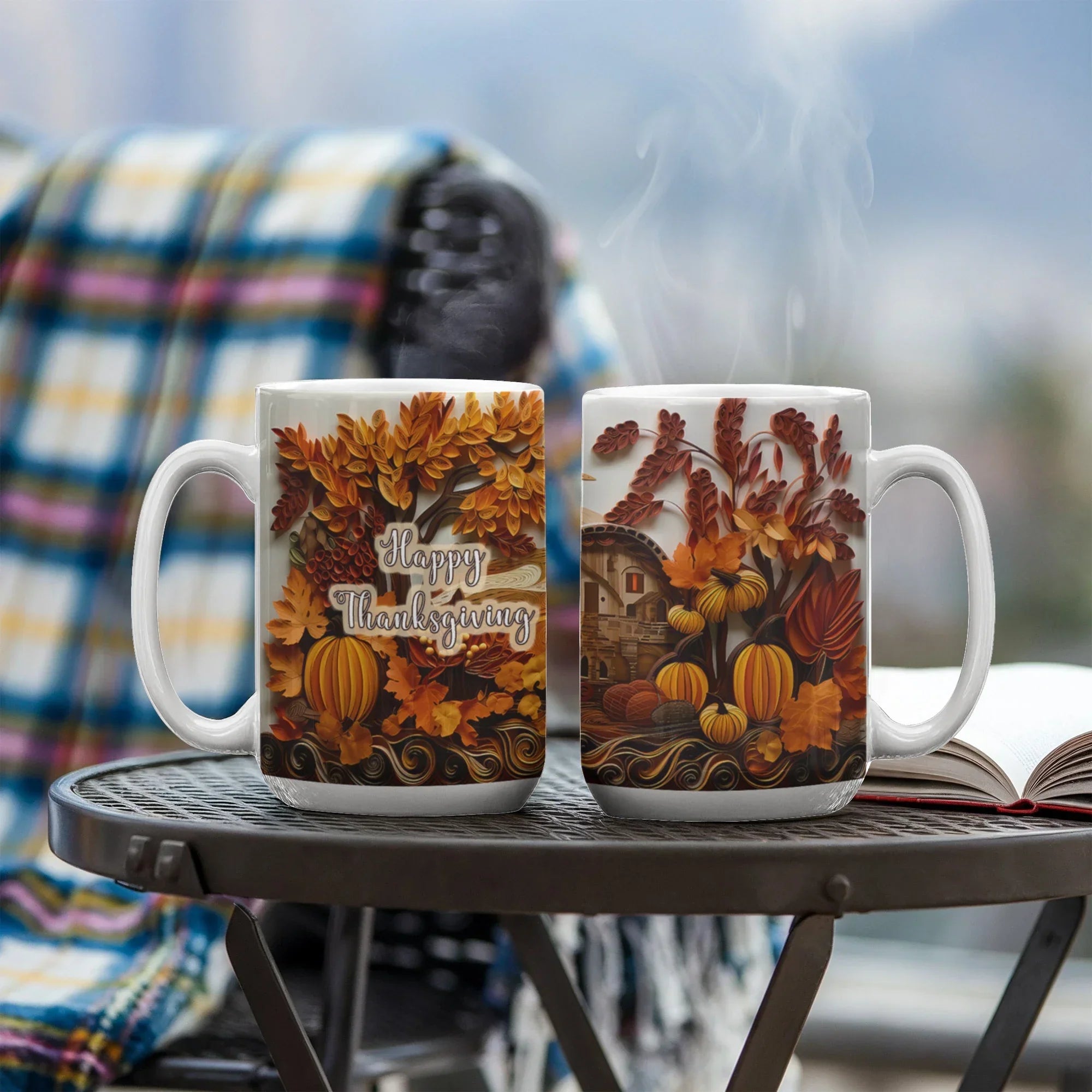 Happy Thanksgiving Coffee Mug – Festive Autumn Pumpkins & Fall Leaves Design – Available in 11oz & 15oz Ceramic