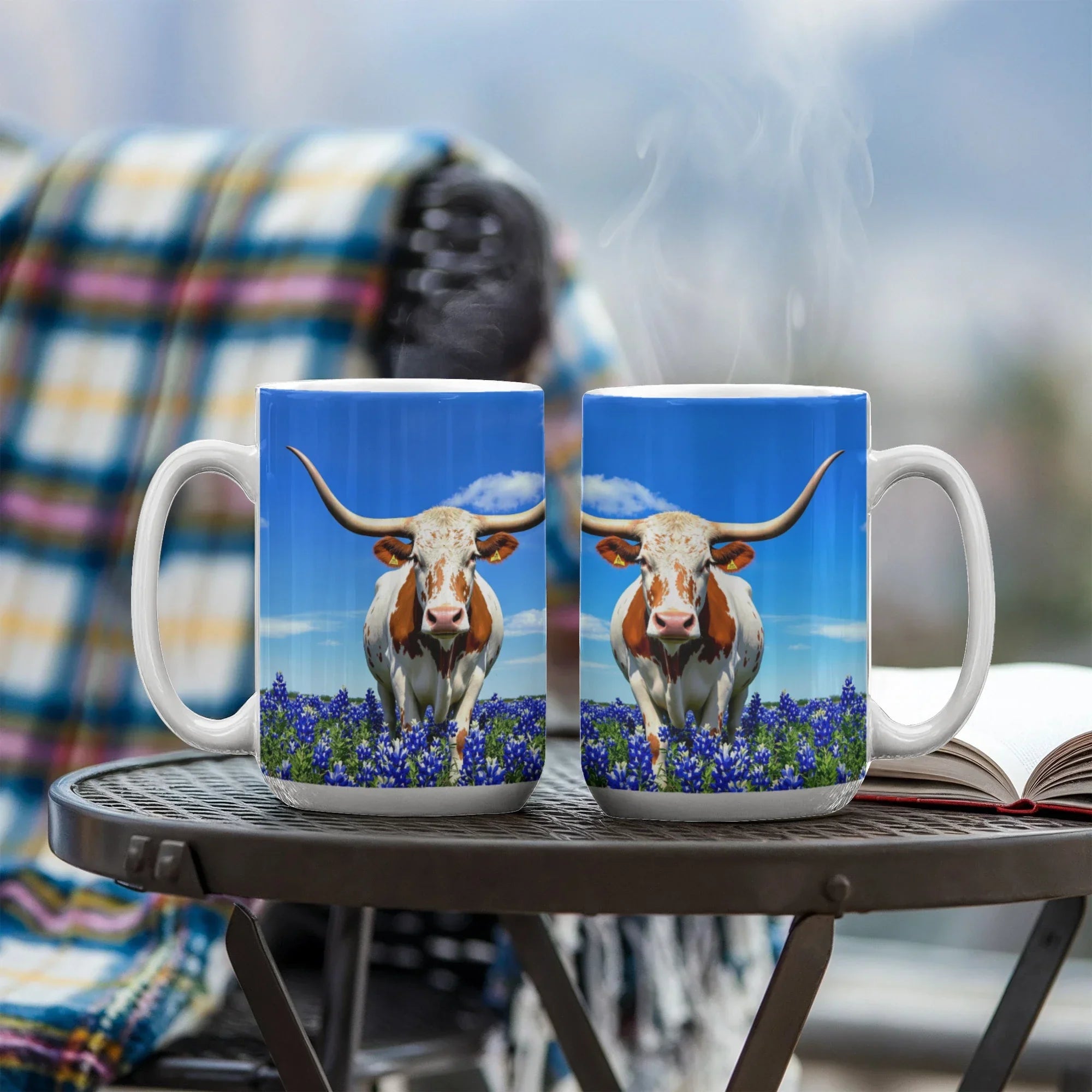 Texas Longhorn in Bluebonnet Field Ceramic Mug – 11oz & 15oz Coffee Cup - Western, Ranch, and Texan Pride