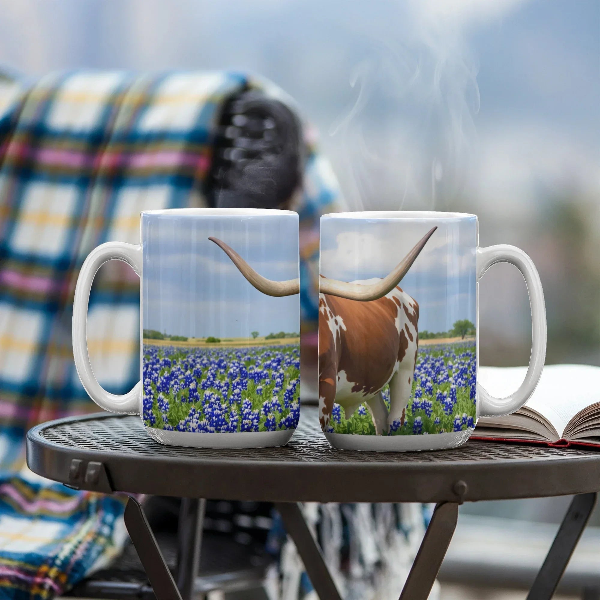 Texas Longhorn in Bluebonnets Ceramic Mug – 11oz & 15oz Coffee Cup for Western & Texas Pride Lovers