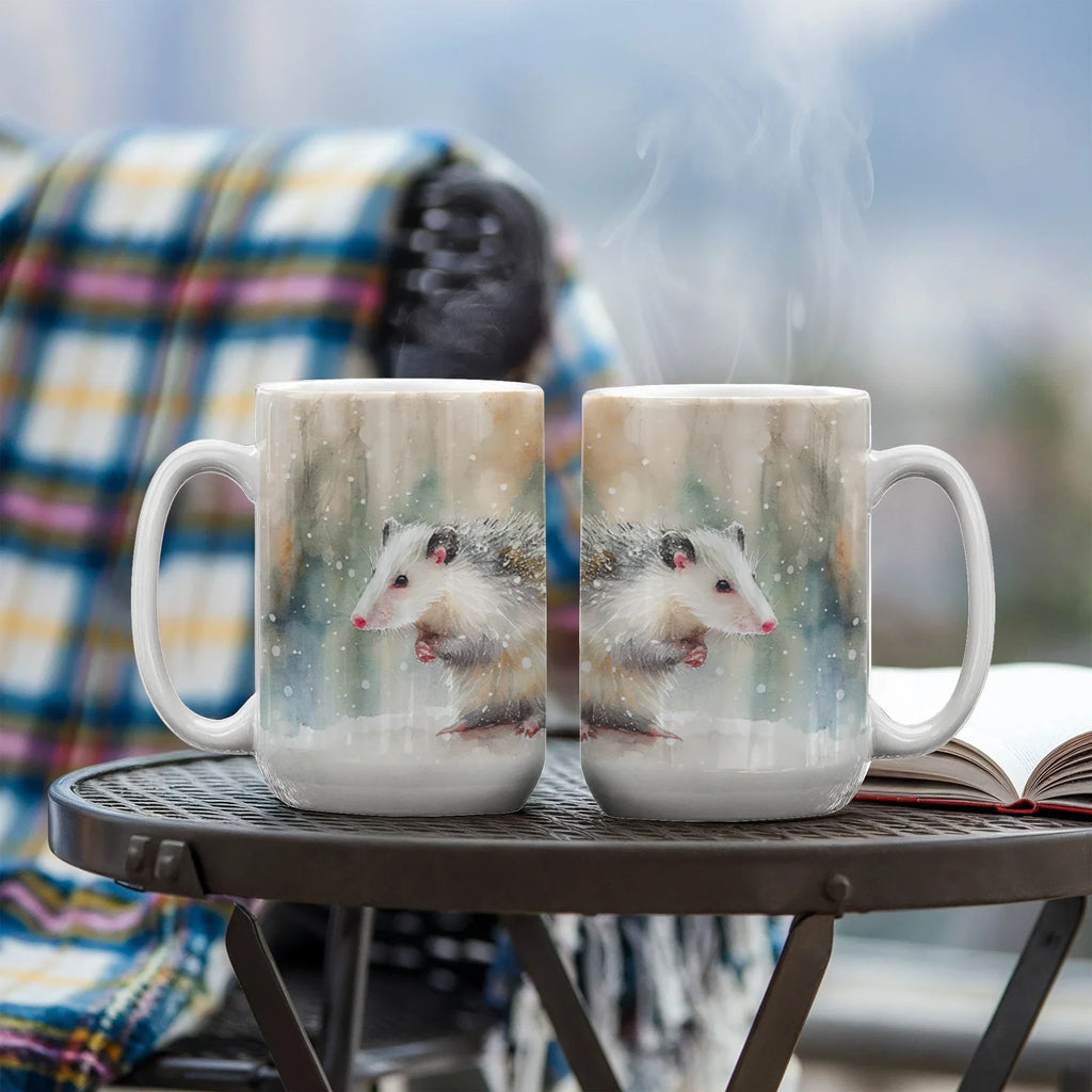 Opossum Coffee Mug – White Ceramic Mug with Possum Winter Watercolor Design | 11oz & 15oz Sizes