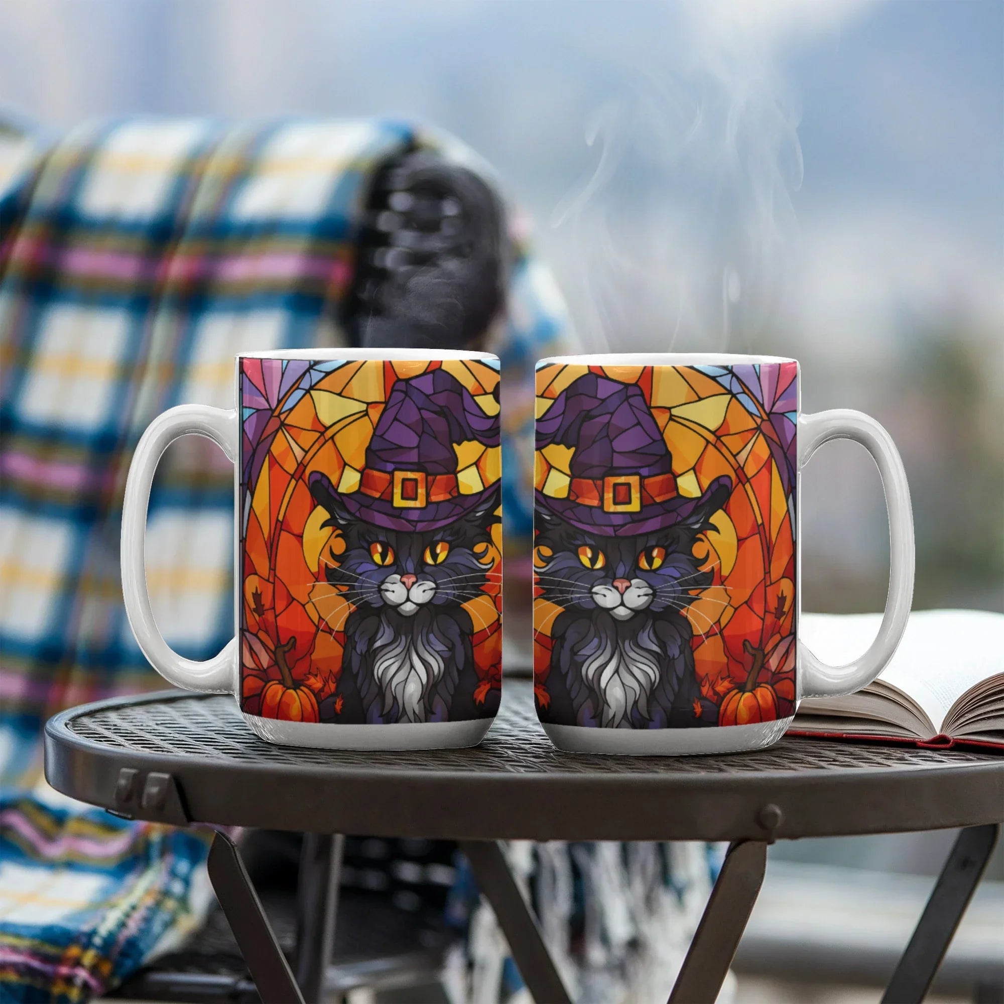 Halloween Black Cat Witch Stained Glass Mug – Spooky Fall Coffee Cup for Cat Lovers | Mallard Moon Gift Shop