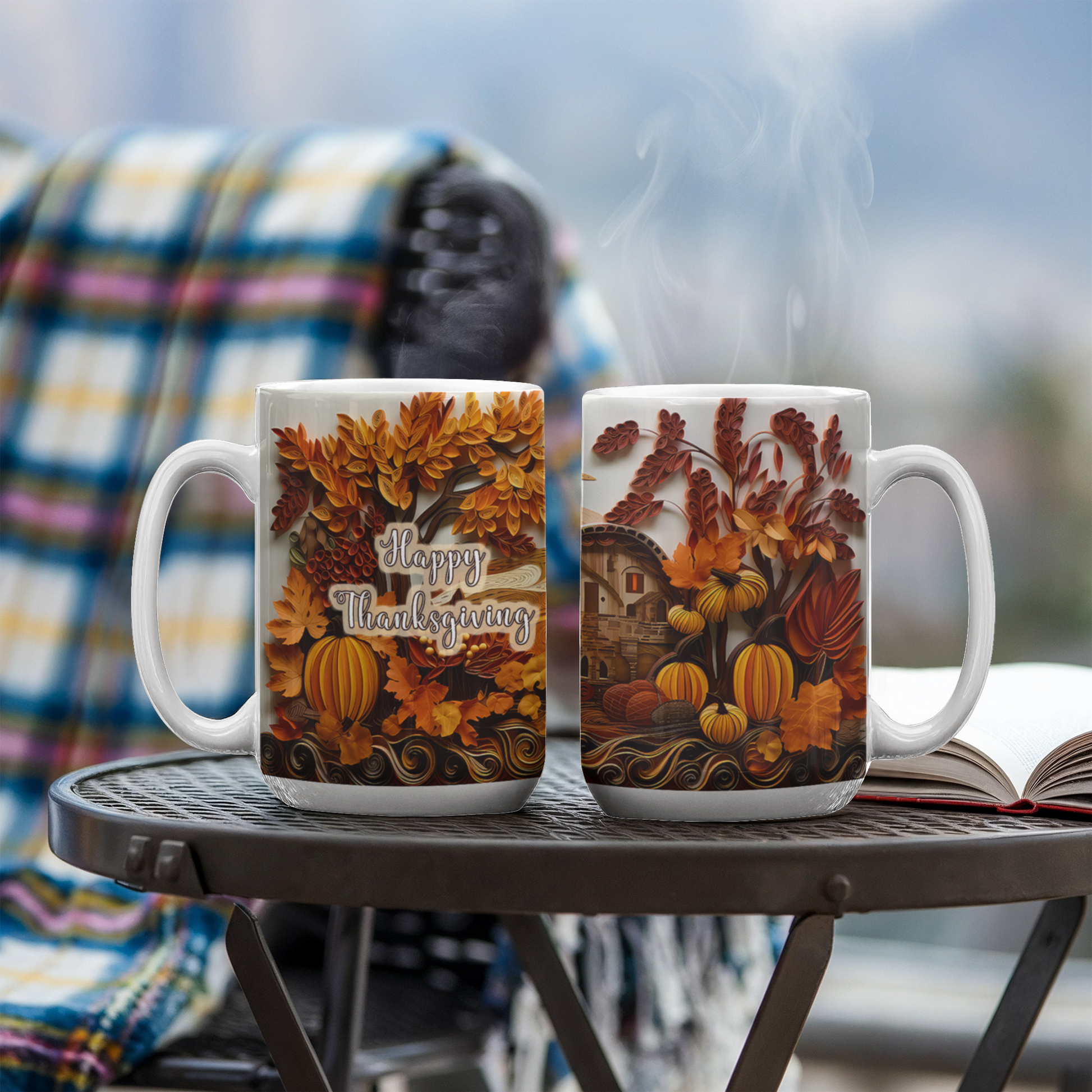 Happy Thanksgiving Coffee Mug – Festive Autumn Pumpkins & Fall Leaves Design – Available in 11oz & 15oz Ceramic - Mallard Moon