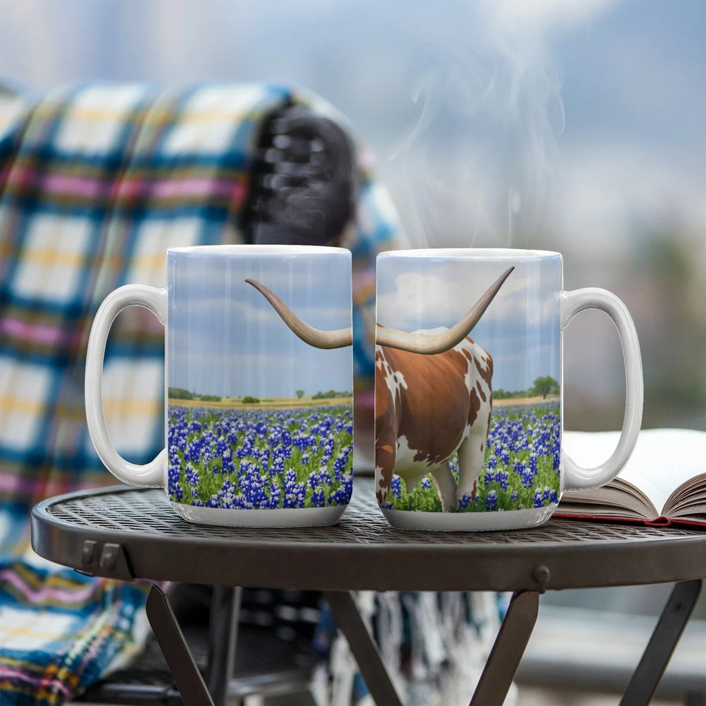 Texas Longhorn in Bluebonnets Ceramic Mug – 11oz & 15oz Coffee Cup for Western & Texas Pride Lovers