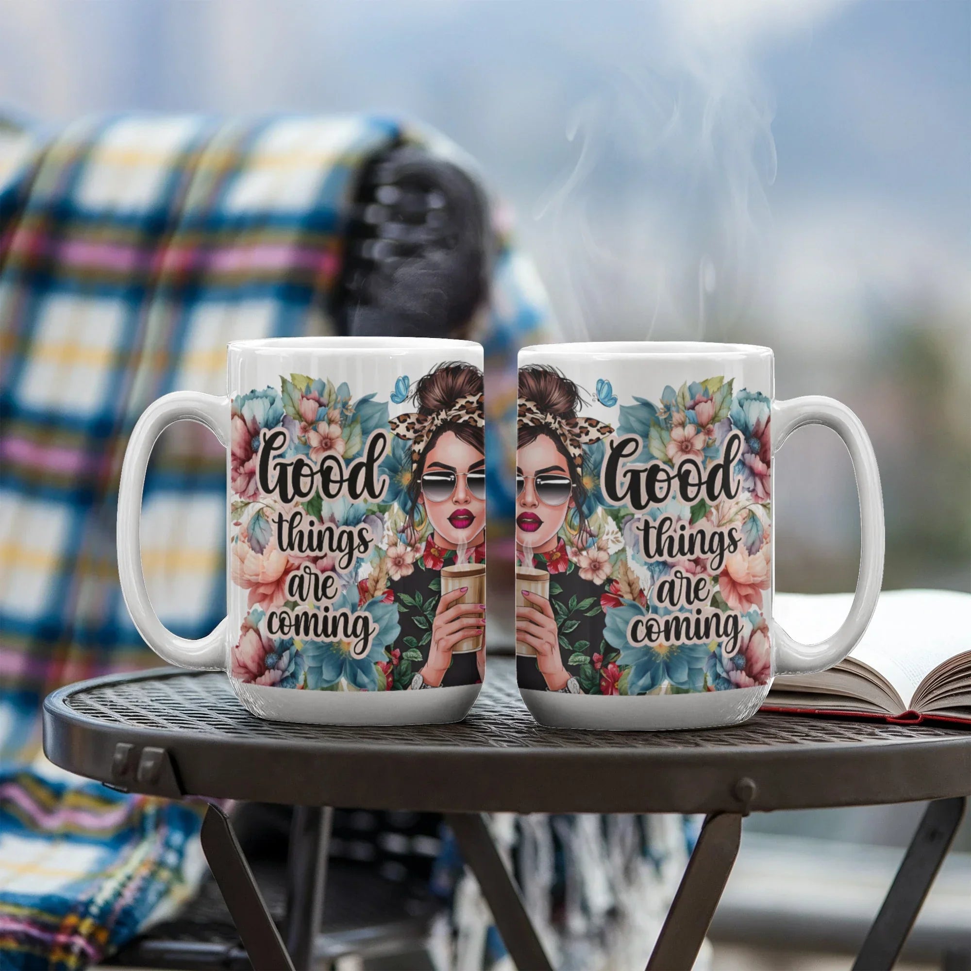 Good Things Are Coming Coffee Mug – Motivational Floral Mug with Stylish Woman, Positive Quote Gift for Women, Friends, Coworkers & Coffee Lovers