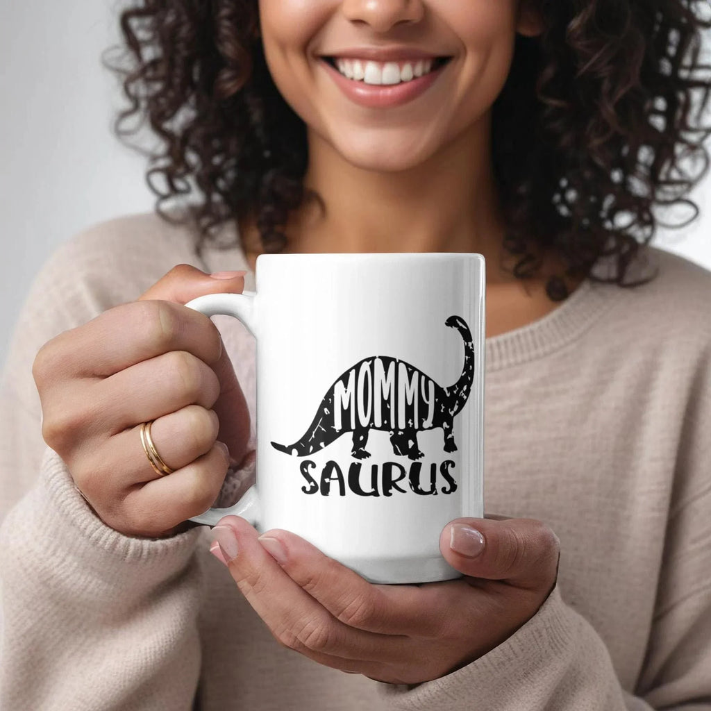 Mommy Saurus Dinosaur Mug – Funny Gift for Moms – White Ceramic Coffee Mug