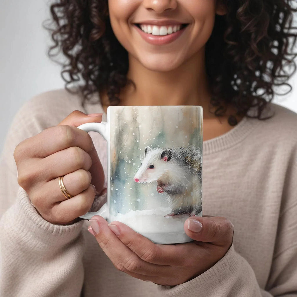 Opossum Coffee Mug – White Ceramic Mug with Possum Winter Watercolor Design | 11oz & 15oz Sizes