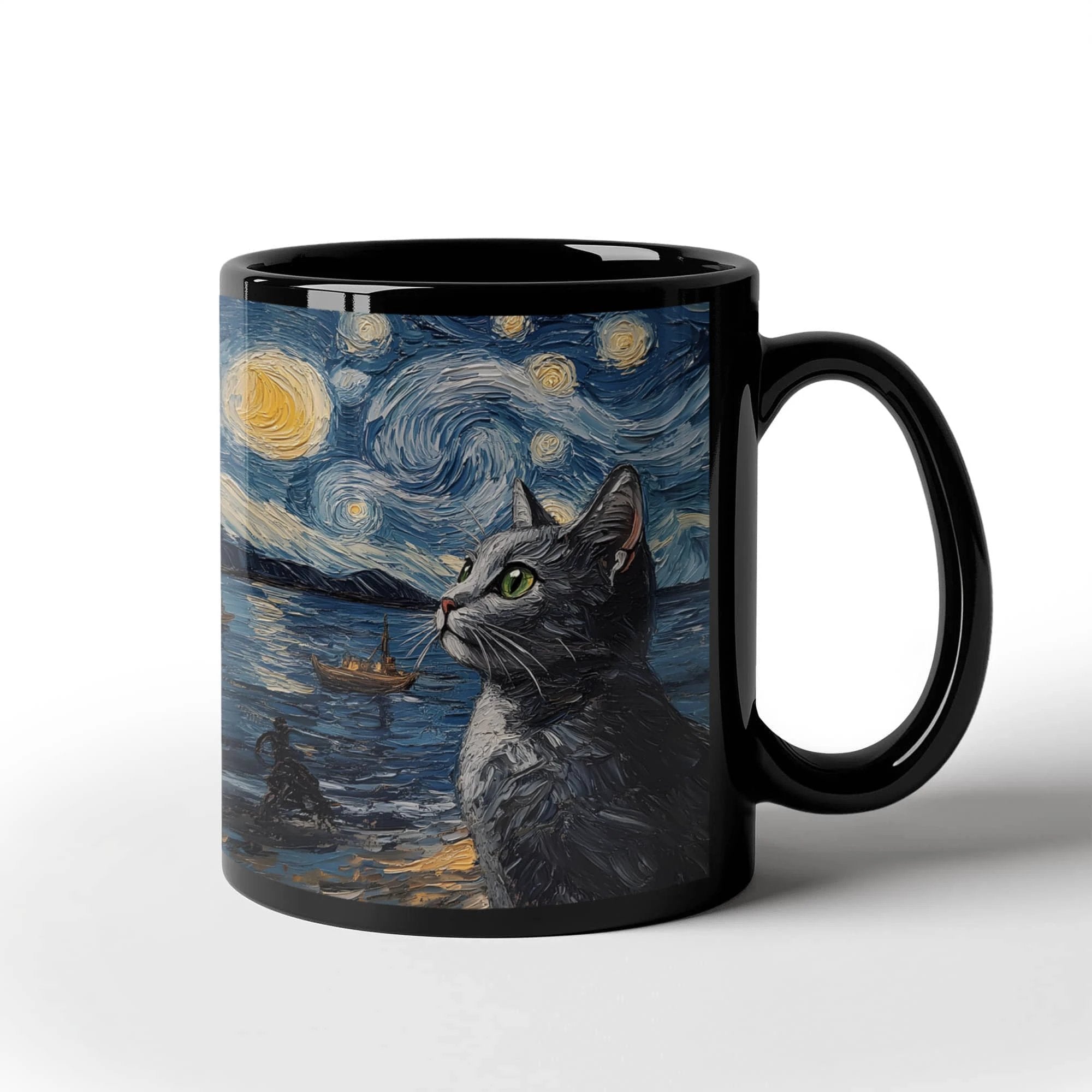 Starry Night Cat Mug – Black Ceramic Coffee Cup with Artistic Van Gogh Style Cat, Gift for Cat Lovers, Artists & Aesthetic Coffee Drinkers