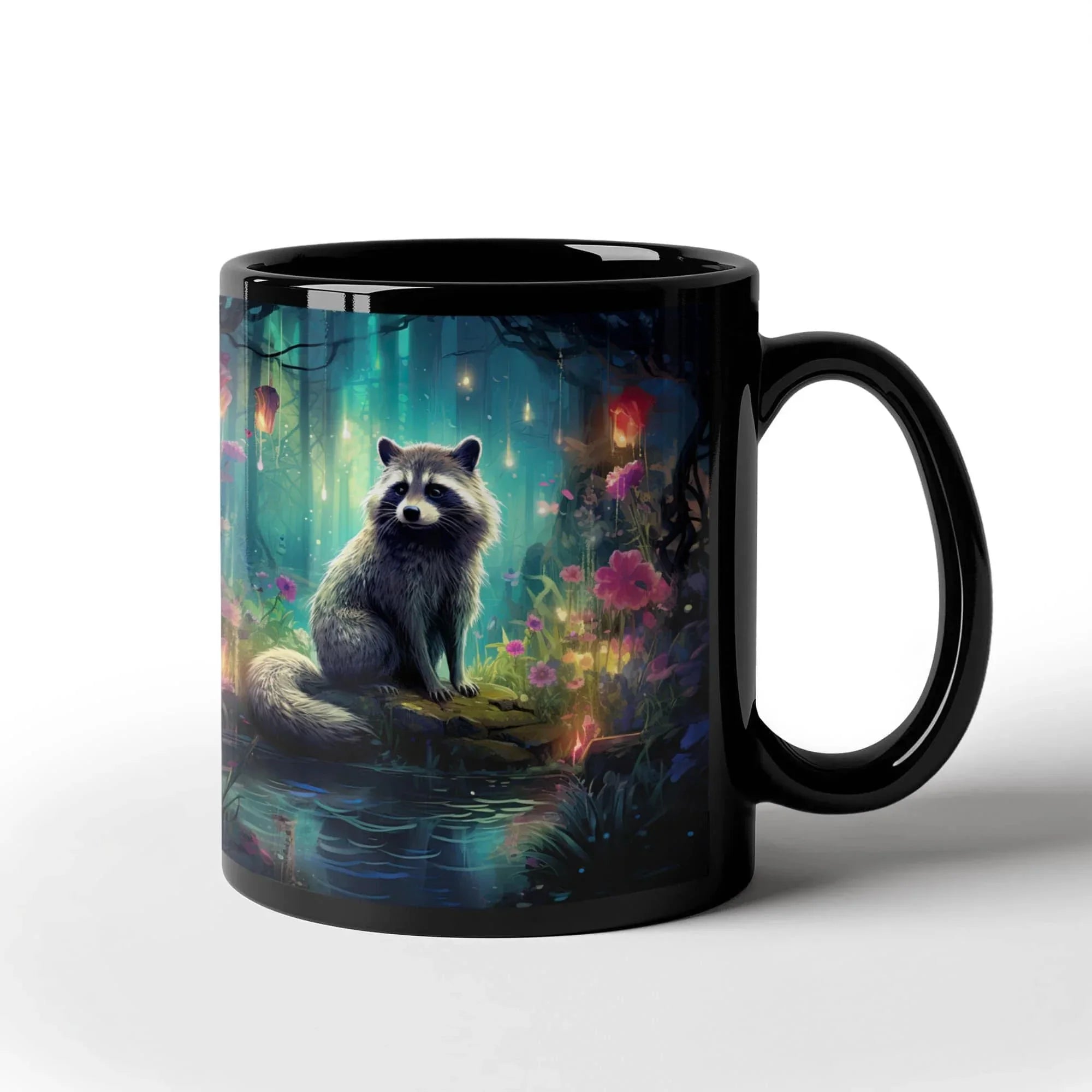 Enchanted Raccoon Black Coffee Mug – Fantasy Forest Animal Design | 11oz & 15oz Ceramic Mug