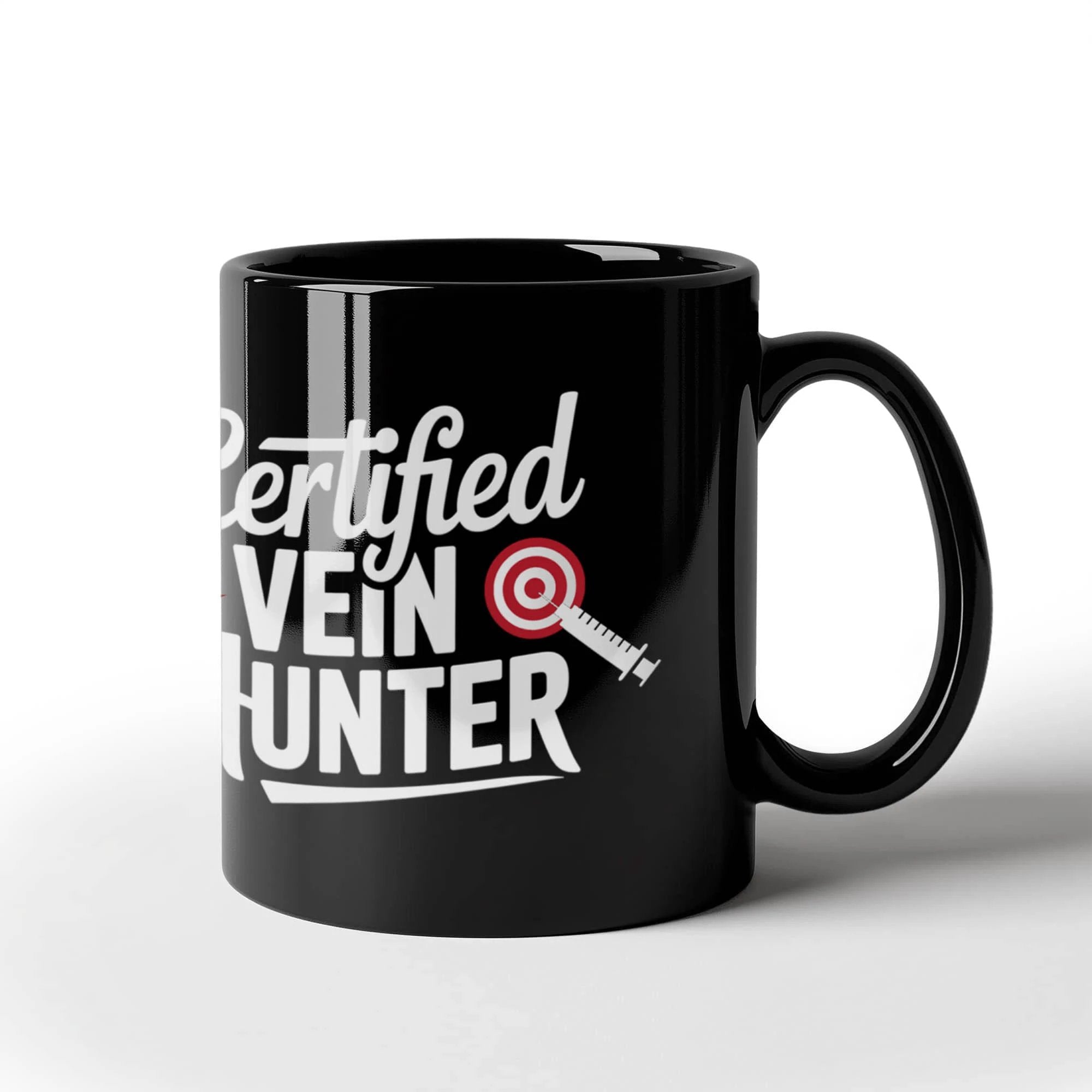 Certified Vein Hunter Phlebotomist Black Coffee Mug – Funny Medical Lab Tech Gift for Coworkers, Nurses & Students