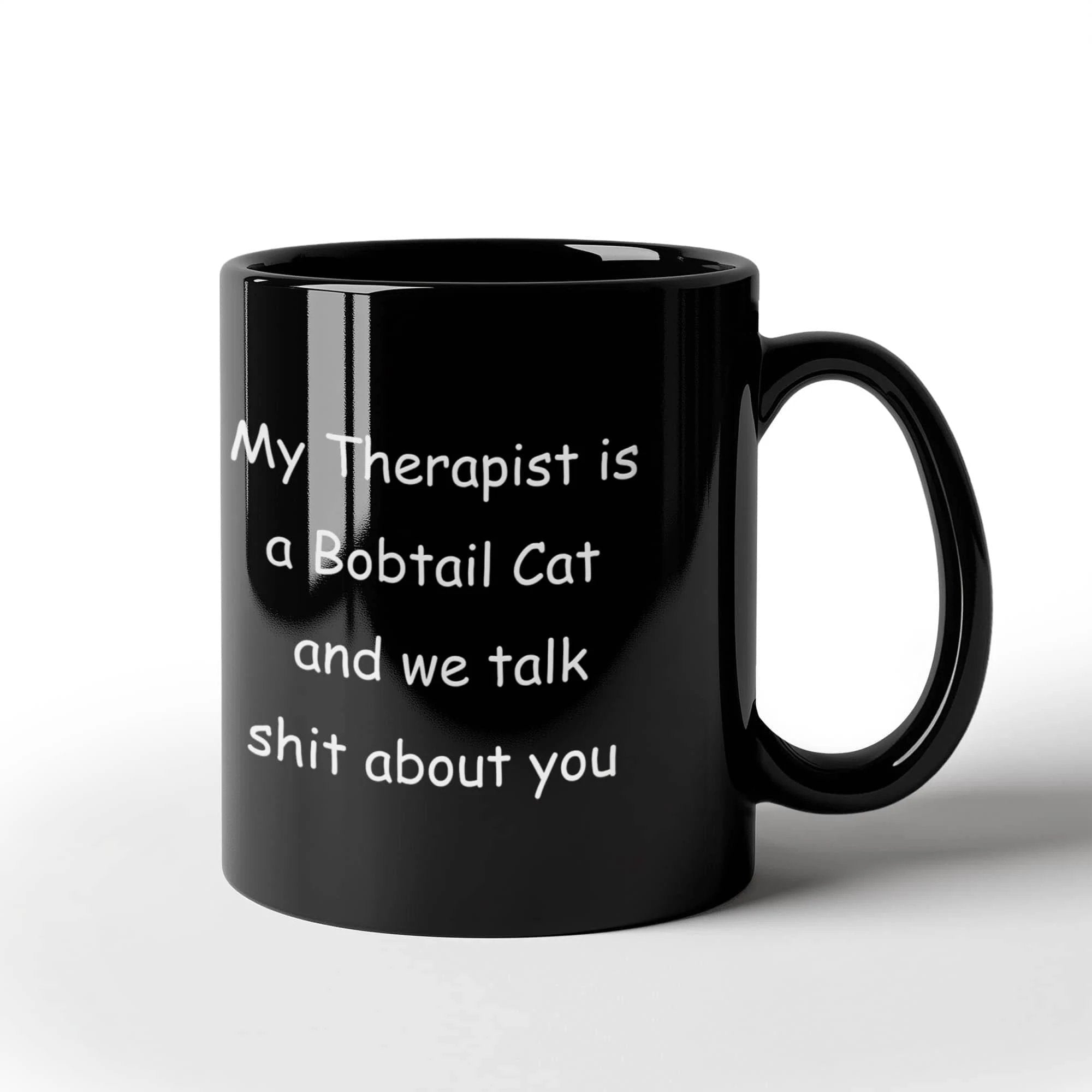 My Therapist Is a Bobtail Cat Funny Cat Lover Black Ceramic Coffee Mug