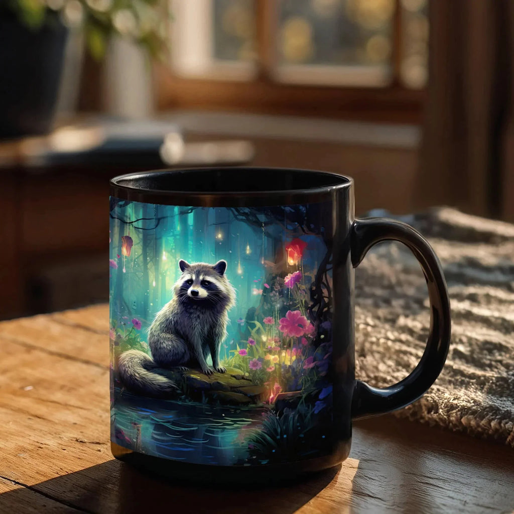 Enchanted Raccoon Black Coffee Mug – Fantasy Forest Animal Design | 11oz & 15oz Ceramic Mug