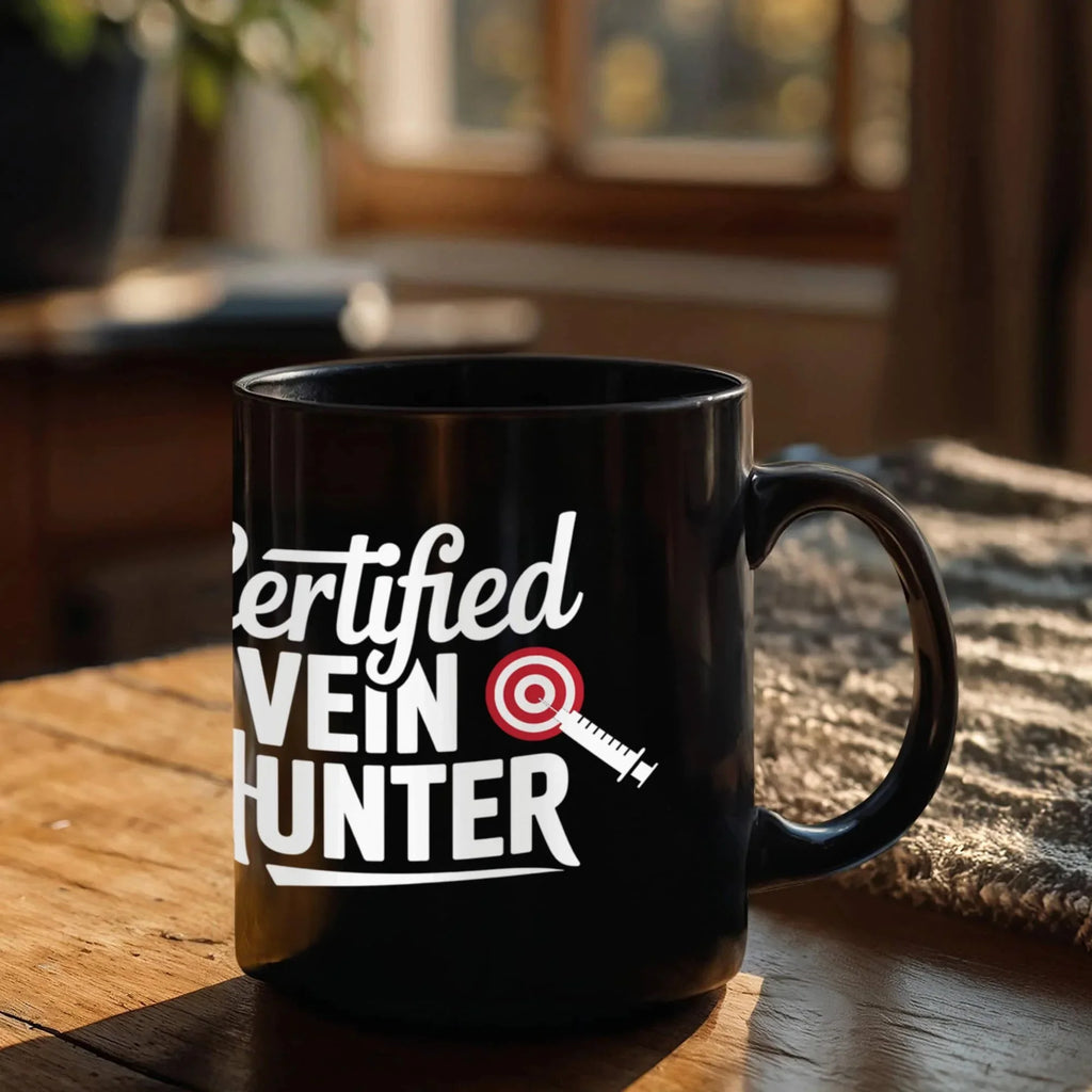 Certified Vein Hunter Phlebotomist Black Coffee Mug – Funny Medical Lab Tech Gift for Coworkers, Nurses & Students