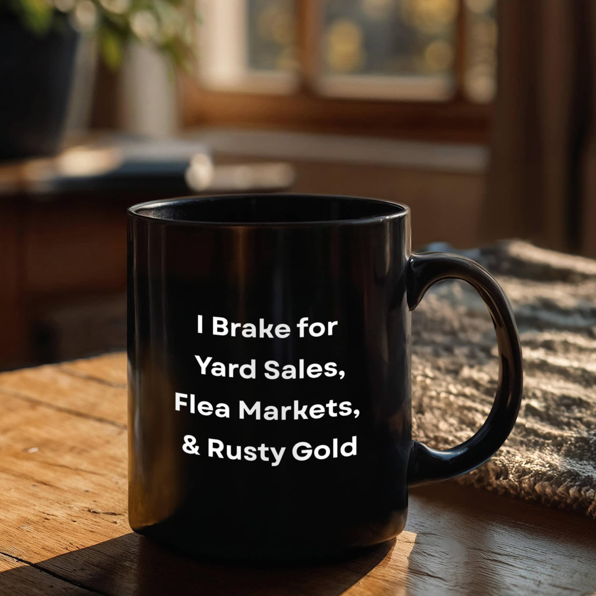 I Brake for Antique Stores Funny Antiquing Black Ceramic Coffee Mug – Gift for Vintage Lovers, Treasure Hunters & Flea Market Fans