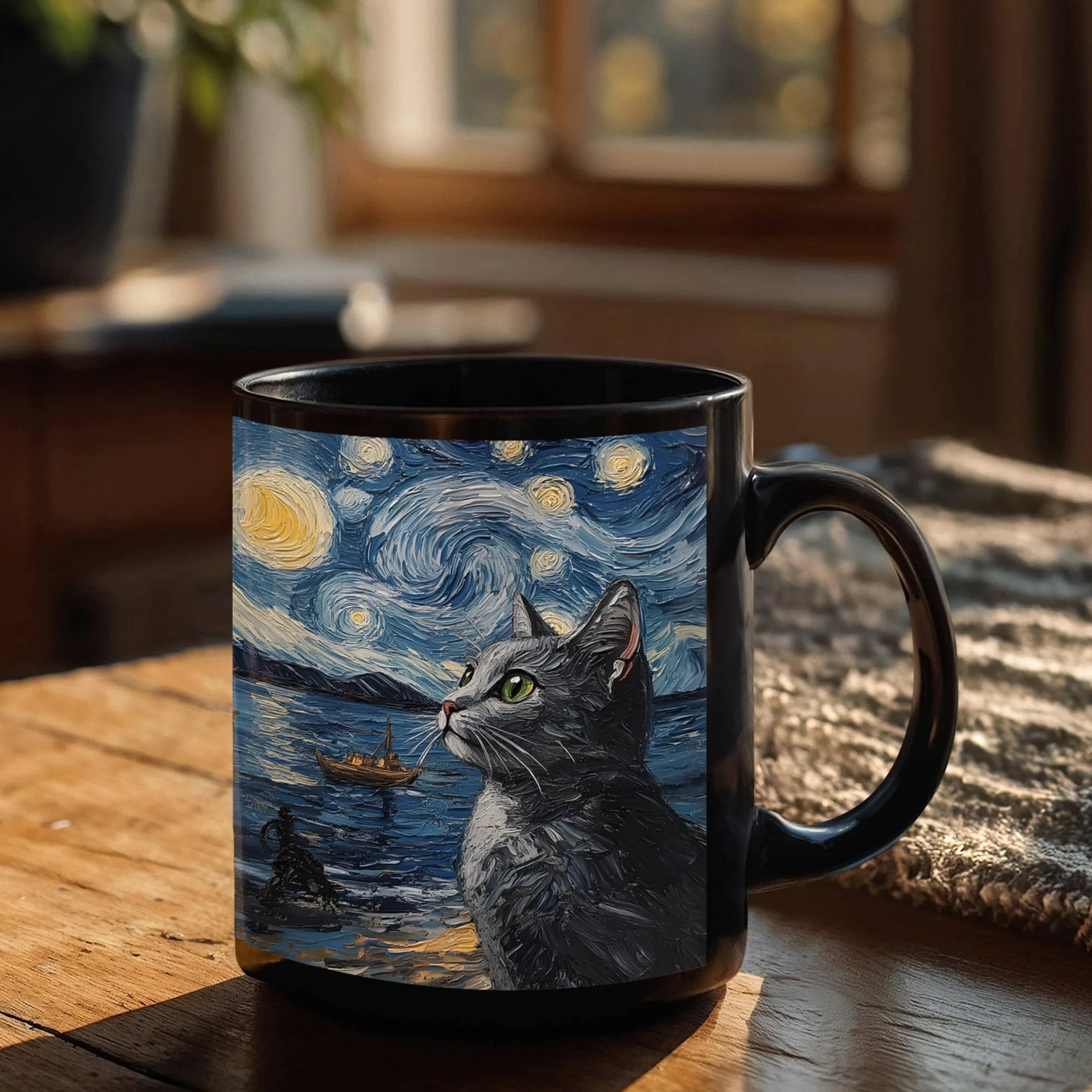 Starry Night Cat Mug – Black Ceramic Coffee Cup with Artistic Van Gogh Style Cat, Gift for Cat Lovers, Artists & Aesthetic Coffee Drinkers
