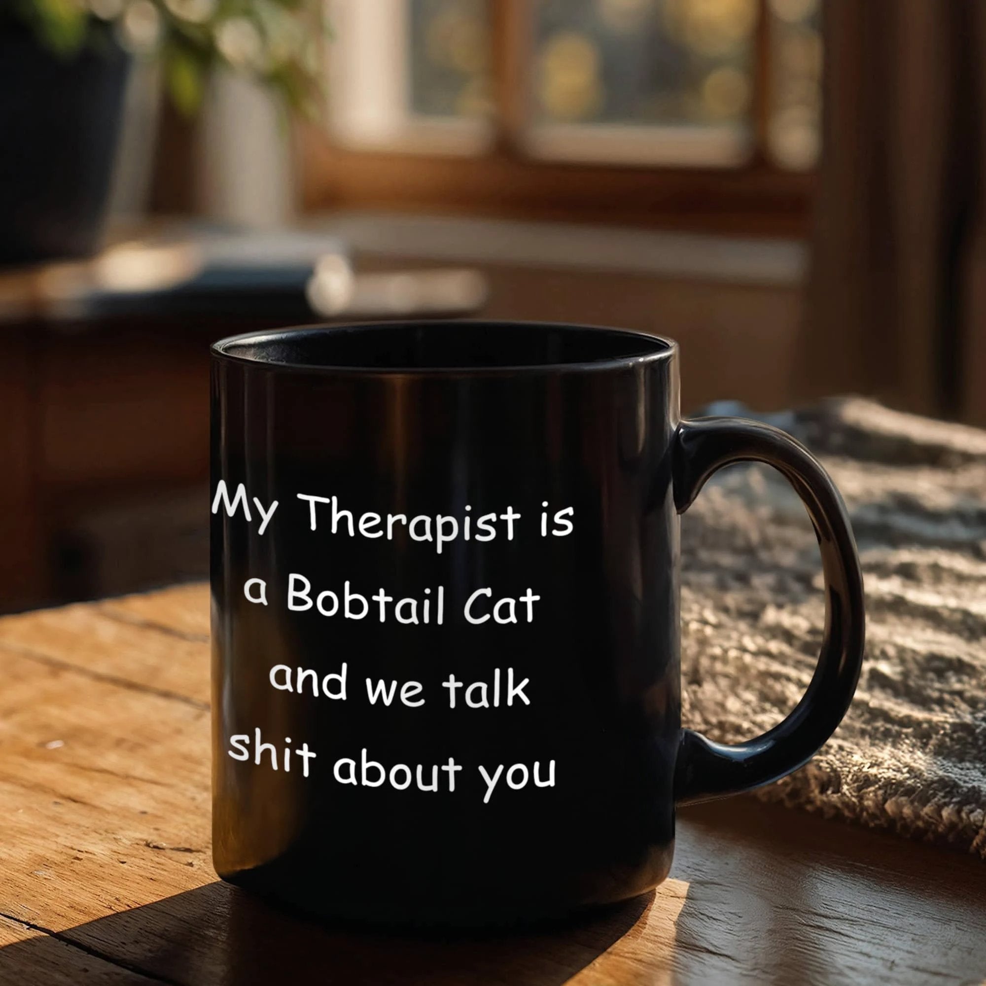 My Therapist Is a Bobtail Cat Funny Cat Lover Black Ceramic Coffee Mug
