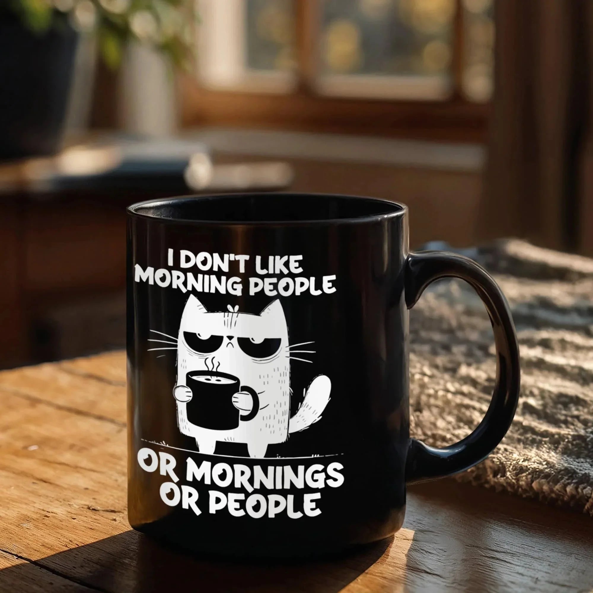I Don't Like Morning People Funny Cat Mug – Sarcastic Cat Lover Black Coffee Cup