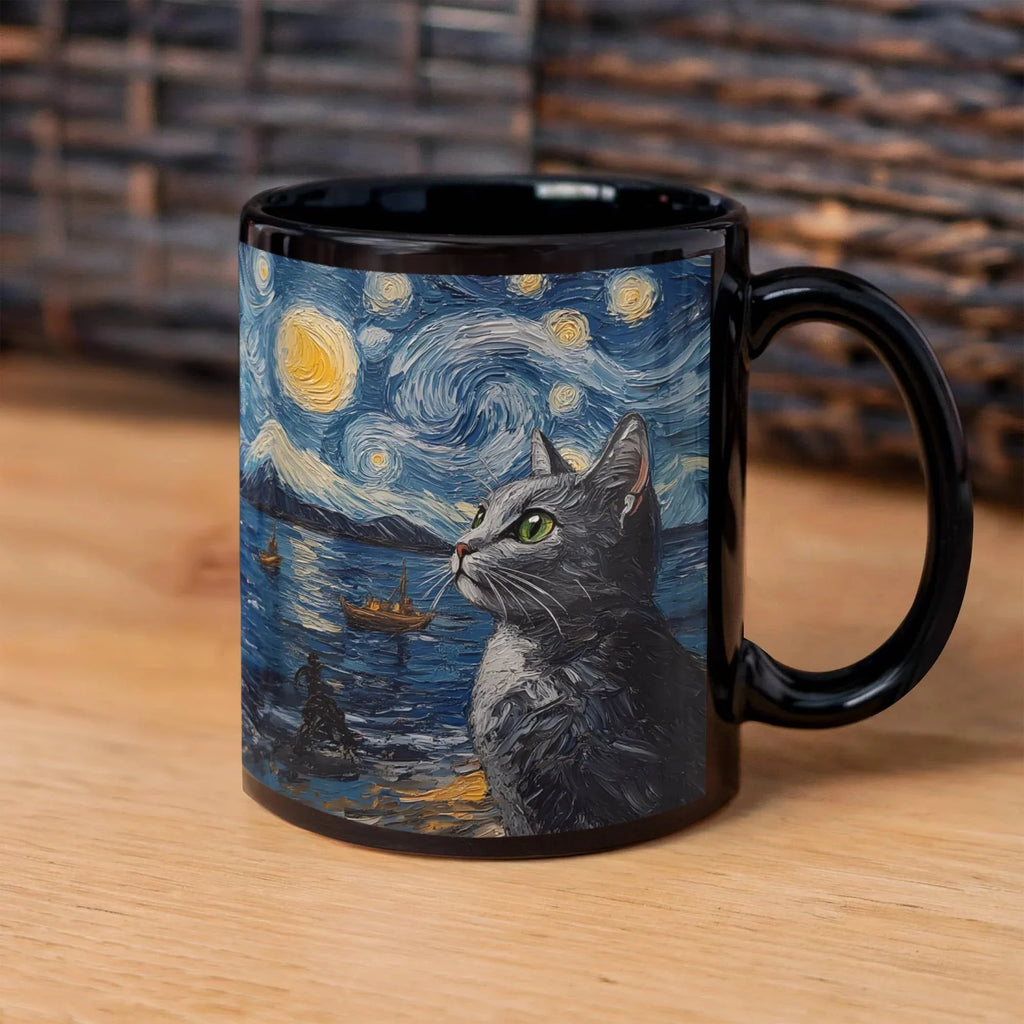 Starry Night Cat Mug – Black Ceramic Coffee Cup with Artistic Van Gogh Style Cat, Gift for Cat Lovers, Artists & Aesthetic Coffee Drinkers