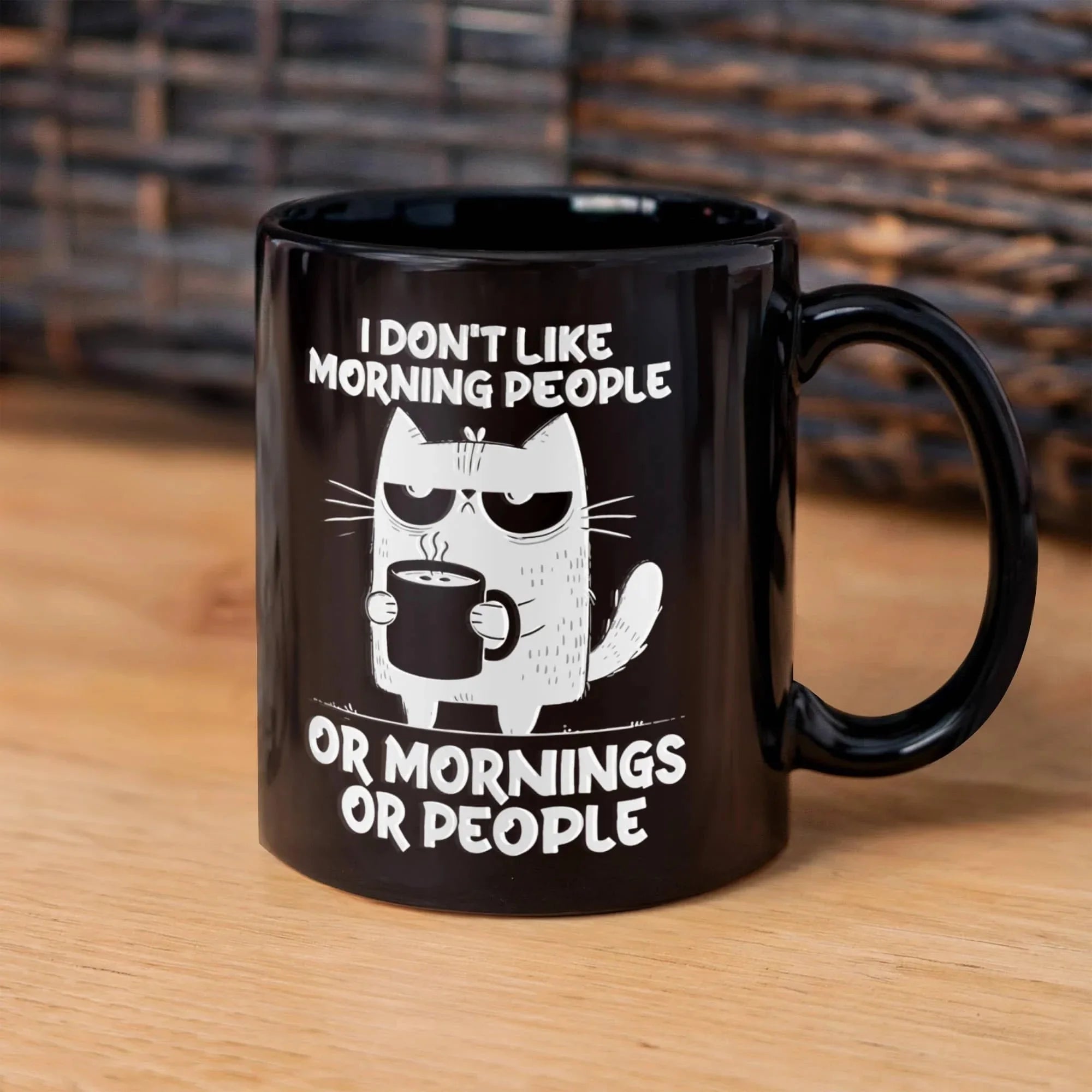 I Don't Like Morning People Funny Cat Mug – Sarcastic Cat Lover Black Coffee Cup