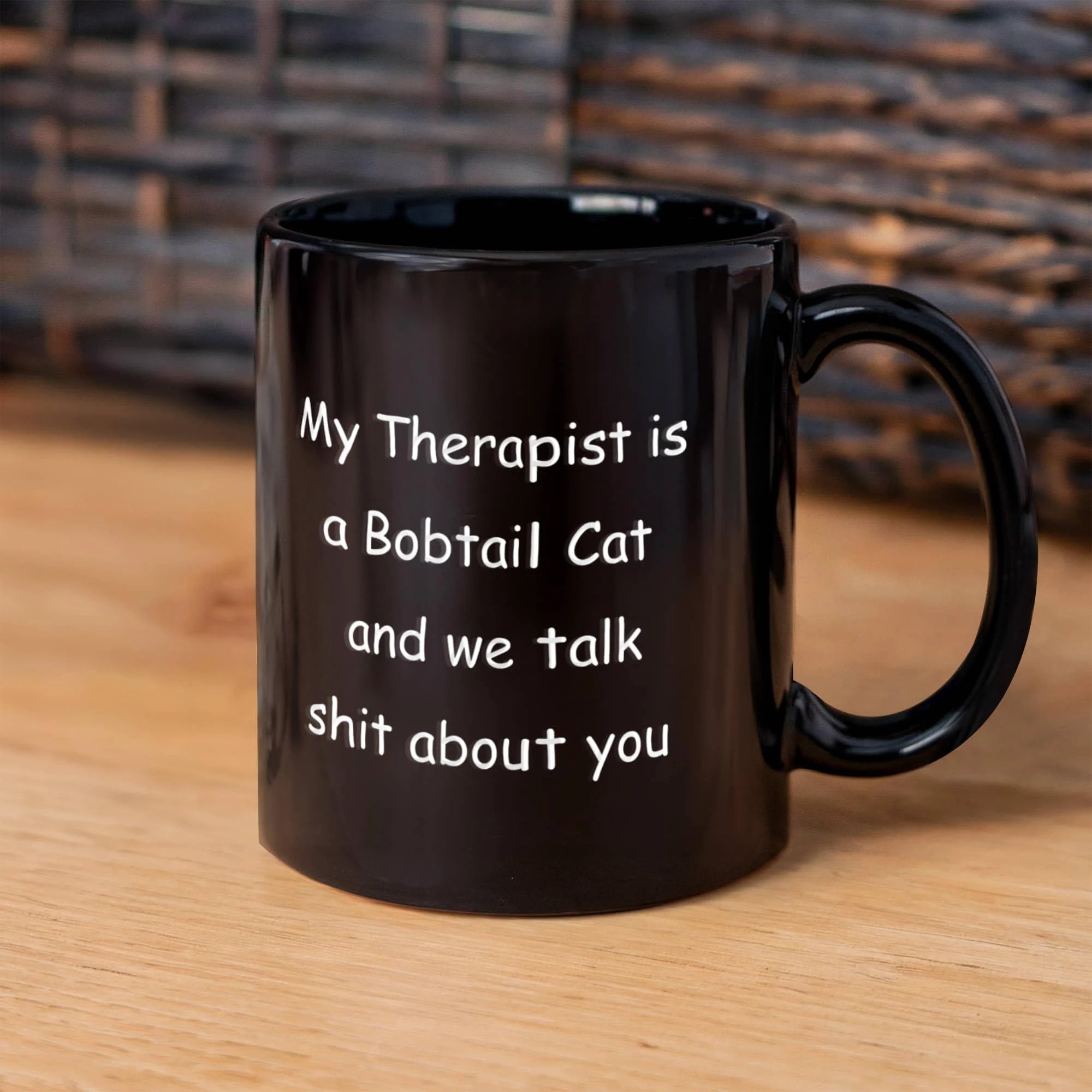 My Therapist Is a Bobtail Cat Funny Cat Lover Black Ceramic Coffee Mug