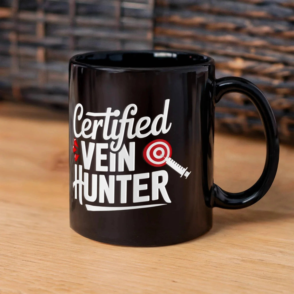 Certified Vein Hunter Phlebotomist Black Coffee Mug – Funny Medical Lab Tech Gift for Coworkers, Nurses & Students