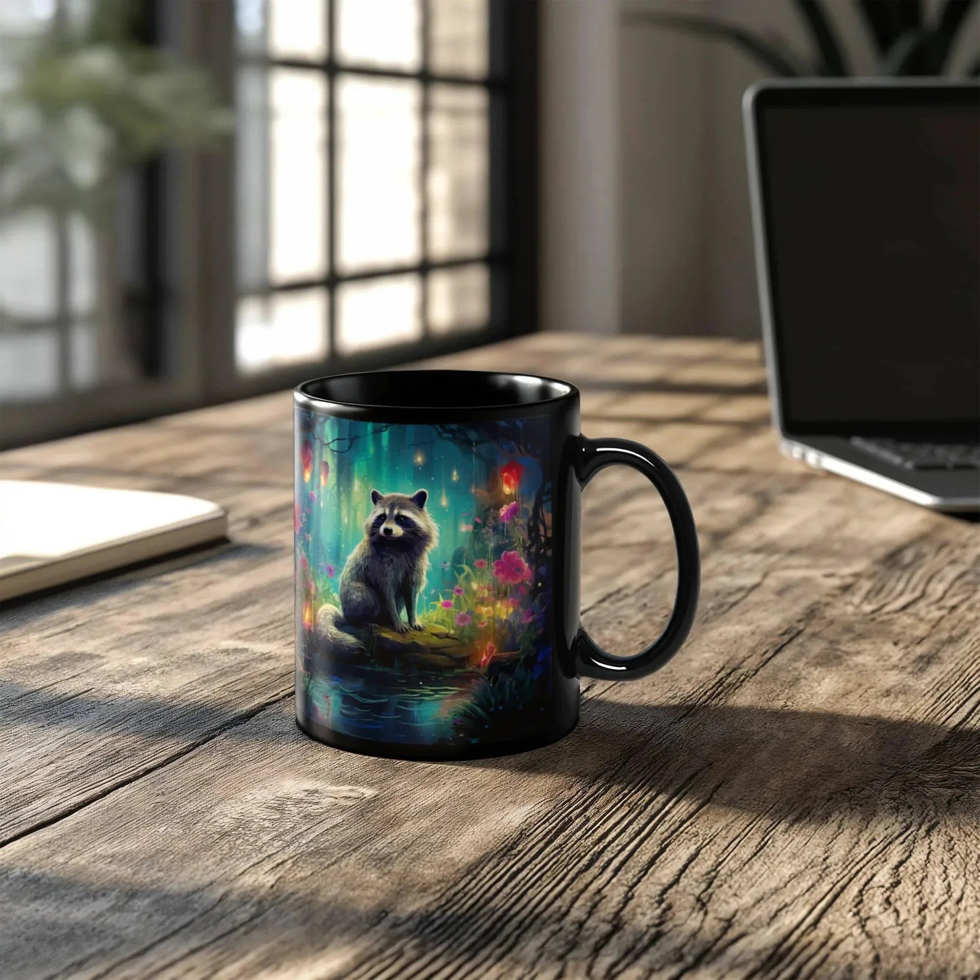 Enchanted Raccoon Black Coffee Mug – Fantasy Forest Animal Design | 11oz & 15oz Ceramic Mug