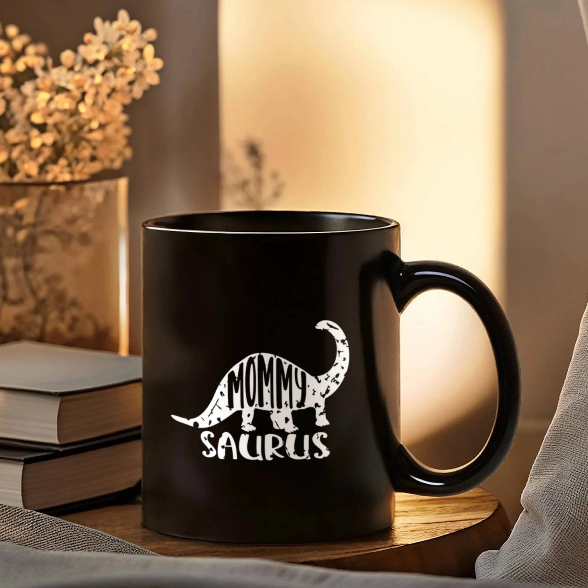 Mommy Saurus Dinosaur Mug – Funny Gift for Moms – Black Ceramic Coffee Mug
