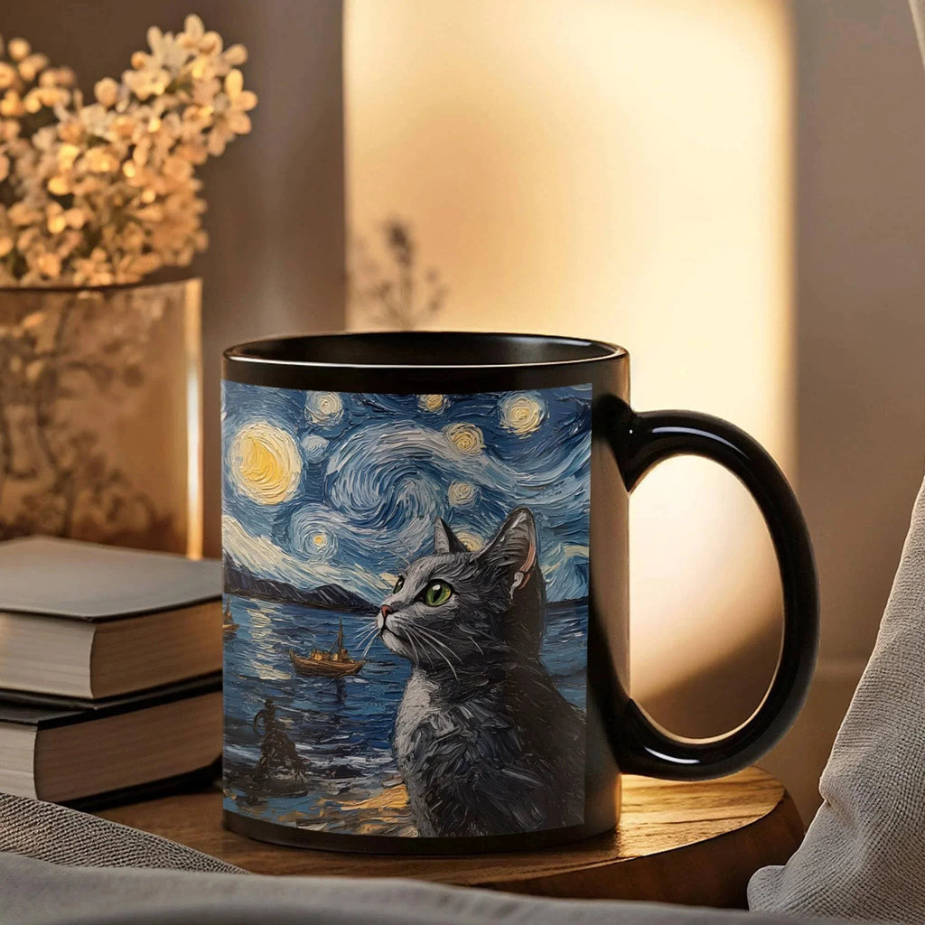 Starry Night Cat Mug – Black Ceramic Coffee Cup with Artistic Van Gogh Style Cat, Gift for Cat Lovers, Artists & Aesthetic Coffee Drinkers