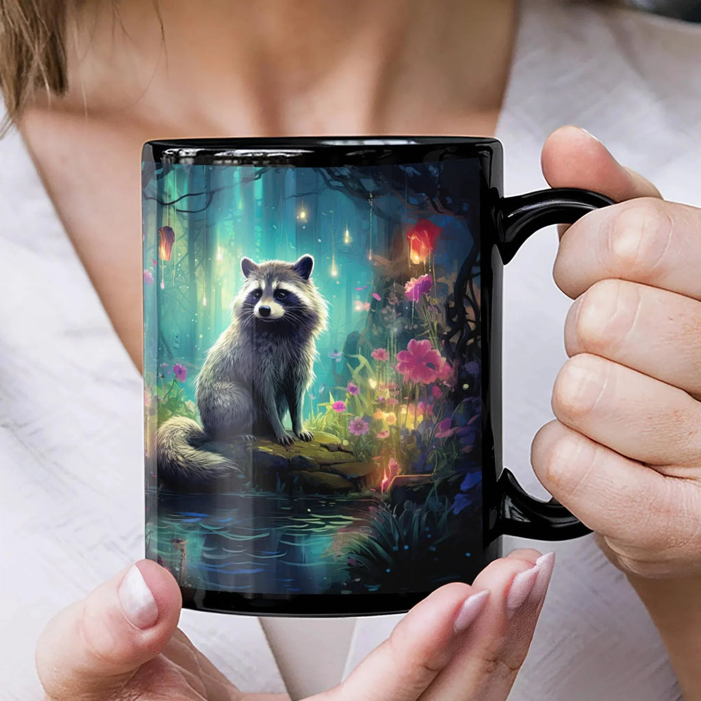 Enchanted Raccoon Black Coffee Mug – Fantasy Forest Animal Design | 11oz & 15oz Ceramic Mug