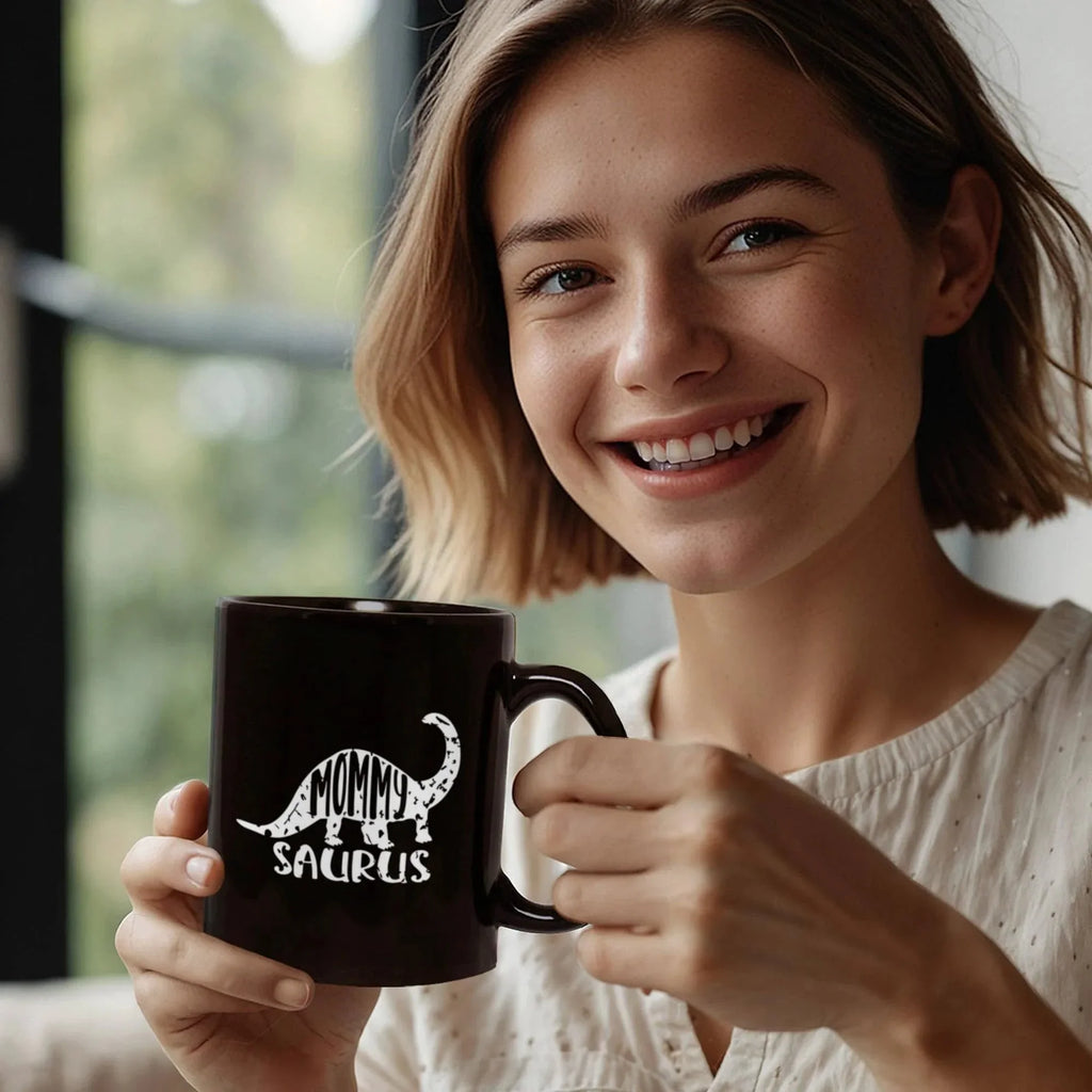 Mommy Saurus Dinosaur Mug – Funny Gift for Moms – Black Ceramic Coffee Mug