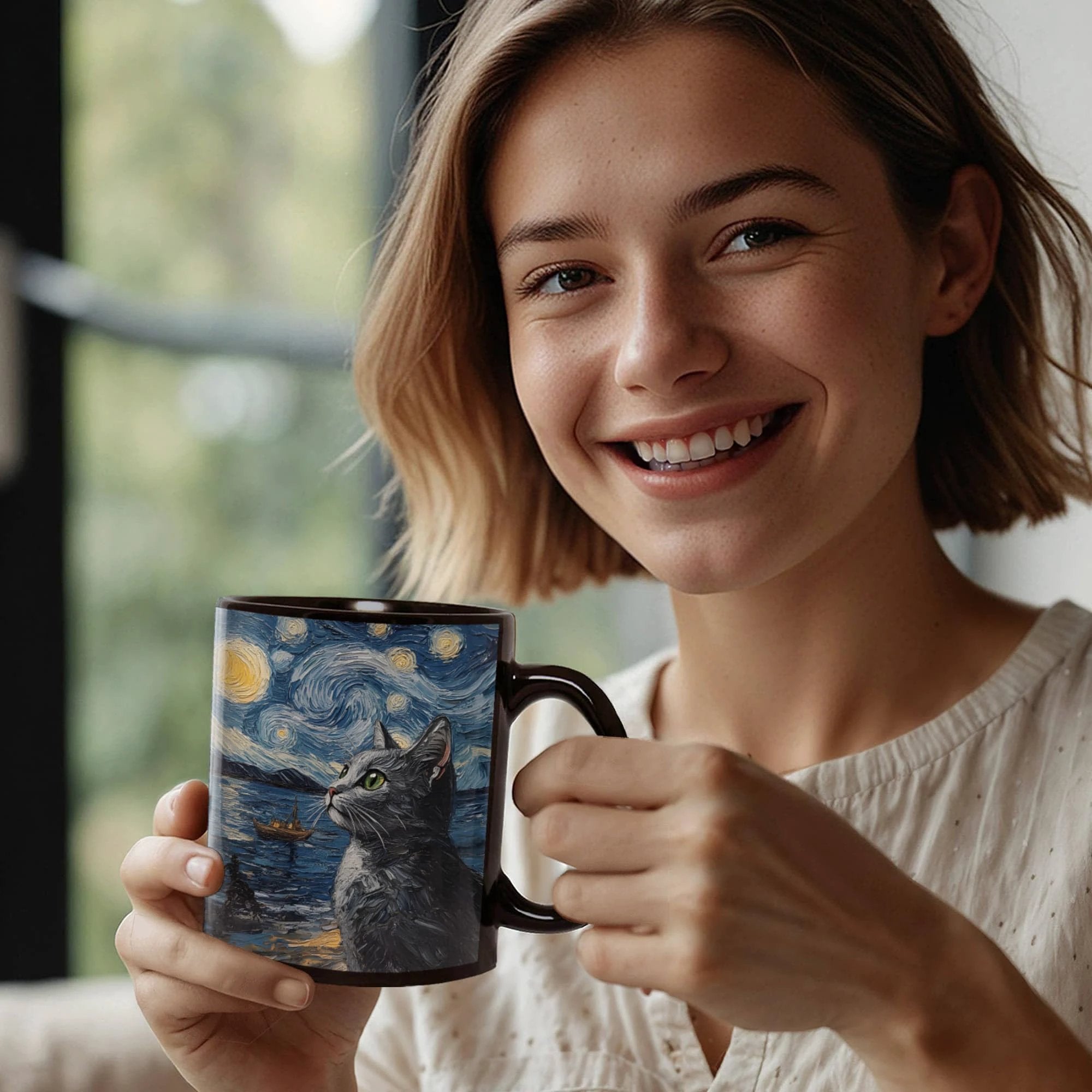 Starry Night Cat Mug – Black Ceramic Coffee Cup with Artistic Van Gogh Style Cat, Gift for Cat Lovers, Artists & Aesthetic Coffee Drinkers