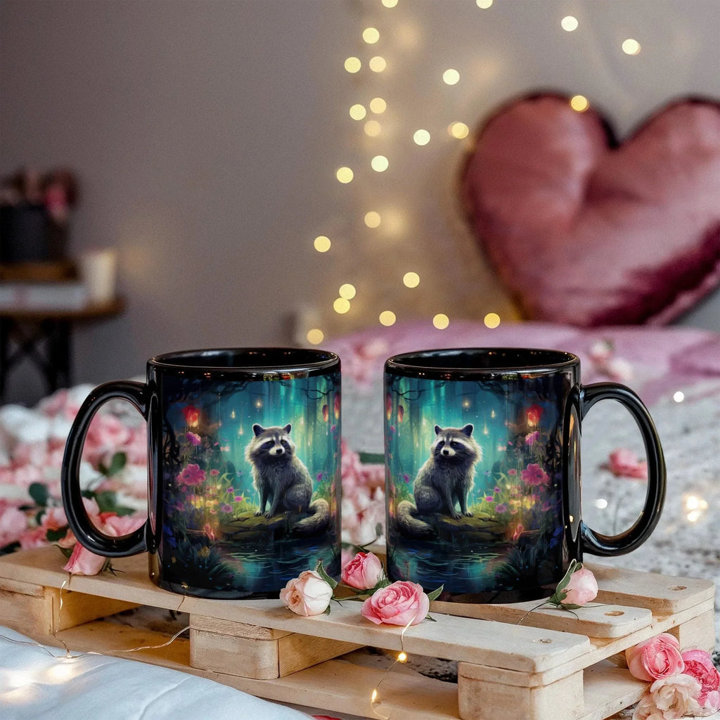 Enchanted Raccoon Black Coffee Mug – Fantasy Forest Animal Design | 11oz & 15oz Ceramic Mug
