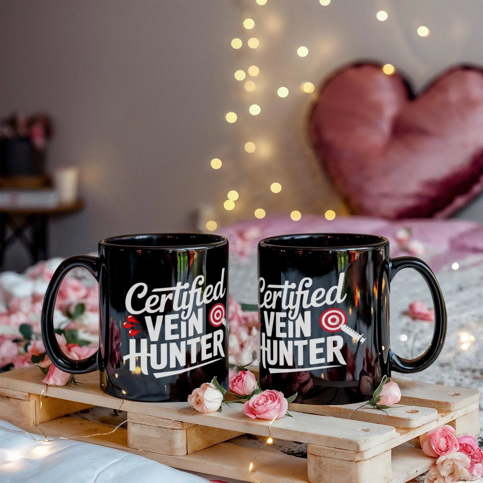 Certified Vein Hunter Phlebotomist Black Coffee Mug – Funny Medical Lab Tech Gift for Coworkers, Nurses & Students