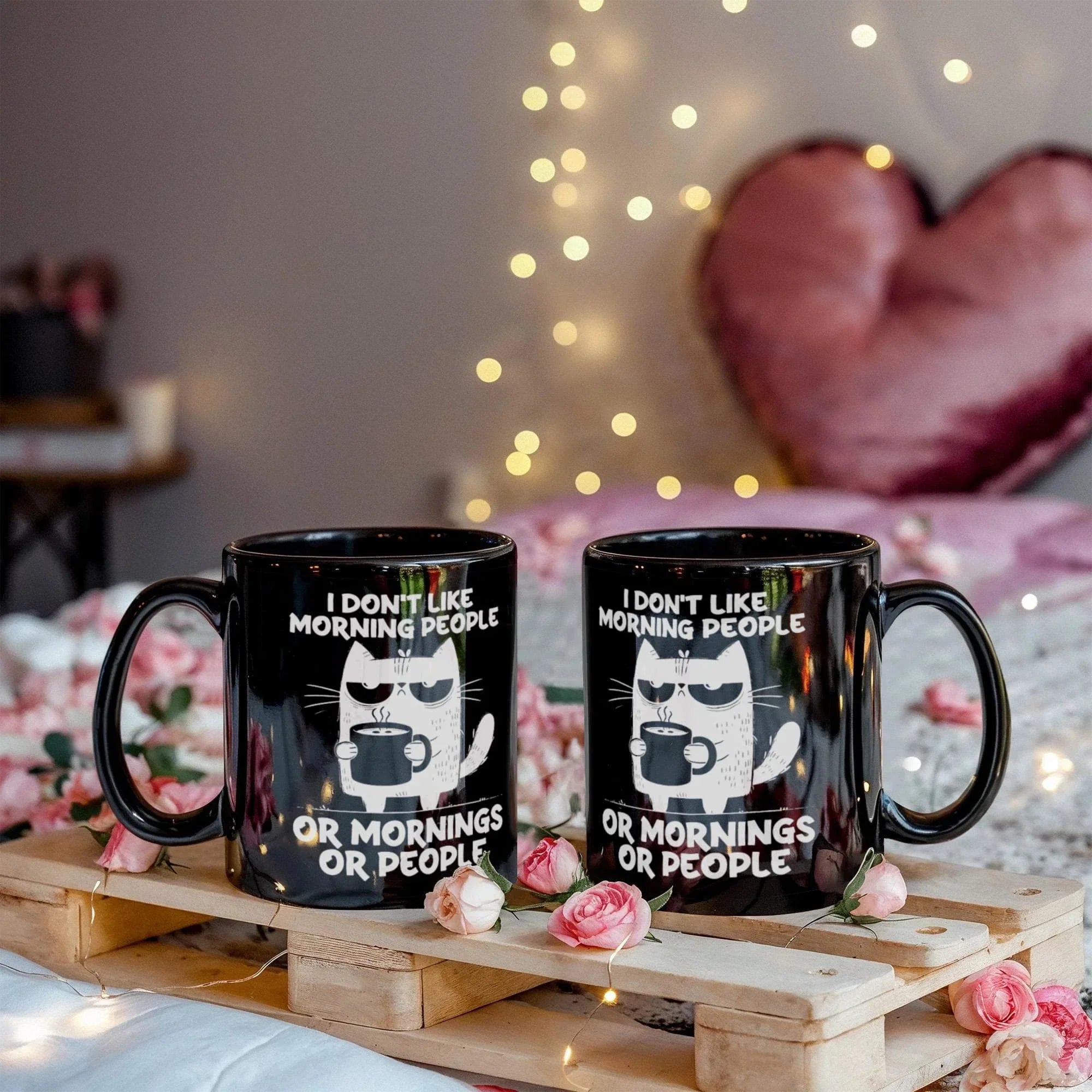I Don't Like Morning People Funny Cat Mug – Sarcastic Cat Lover Black Coffee Cup