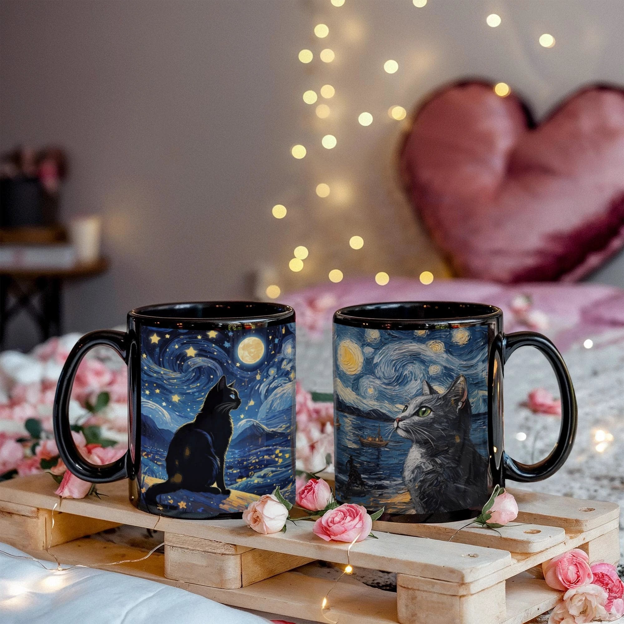 Starry Night Cat Mug – Black Ceramic Coffee Cup with Artistic Van Gogh Style Cat, Gift for Cat Lovers, Artists & Aesthetic Coffee Drinkers