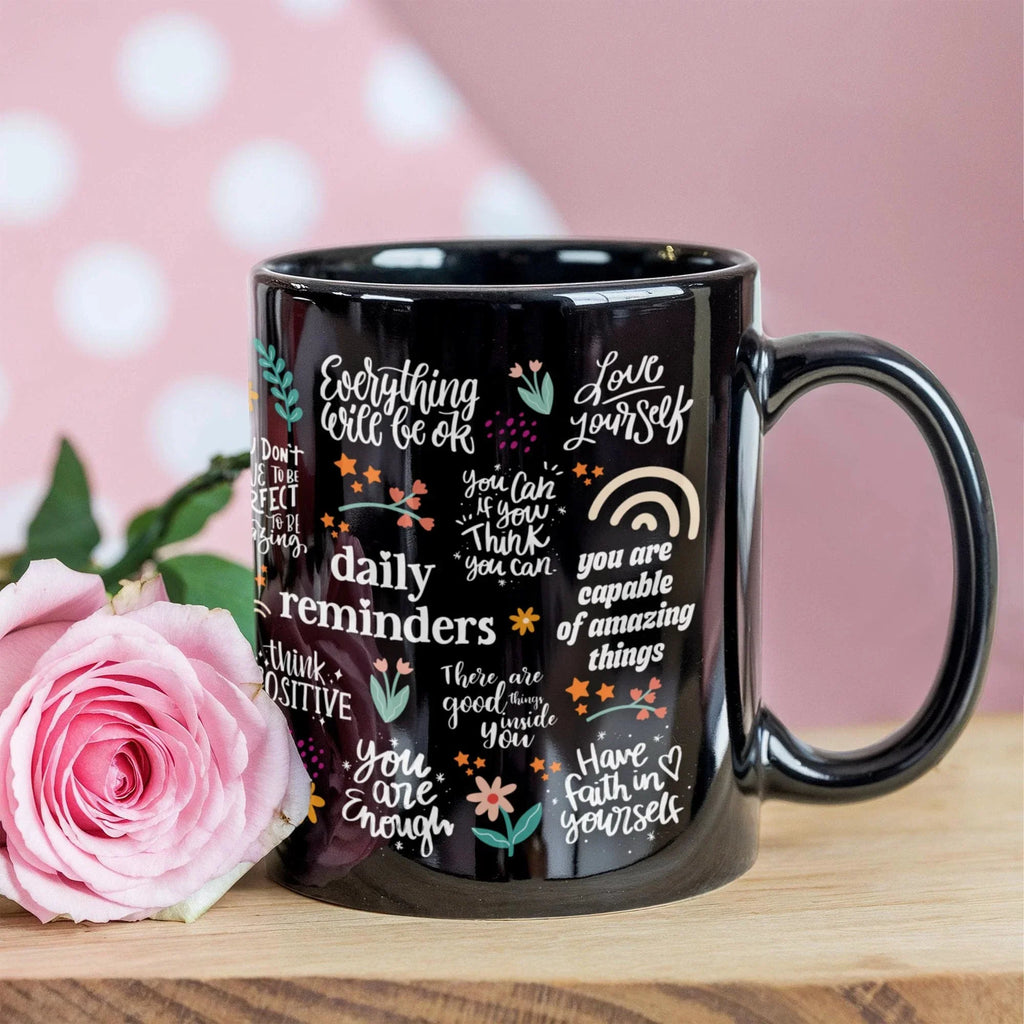 Positive Vibes Daily Reminders Black Ceramic Mug – Inspirational Self-Love & Motivational Quote Coffee Cup – Uplifting Gift for Women, Friends, Coworkers & Students