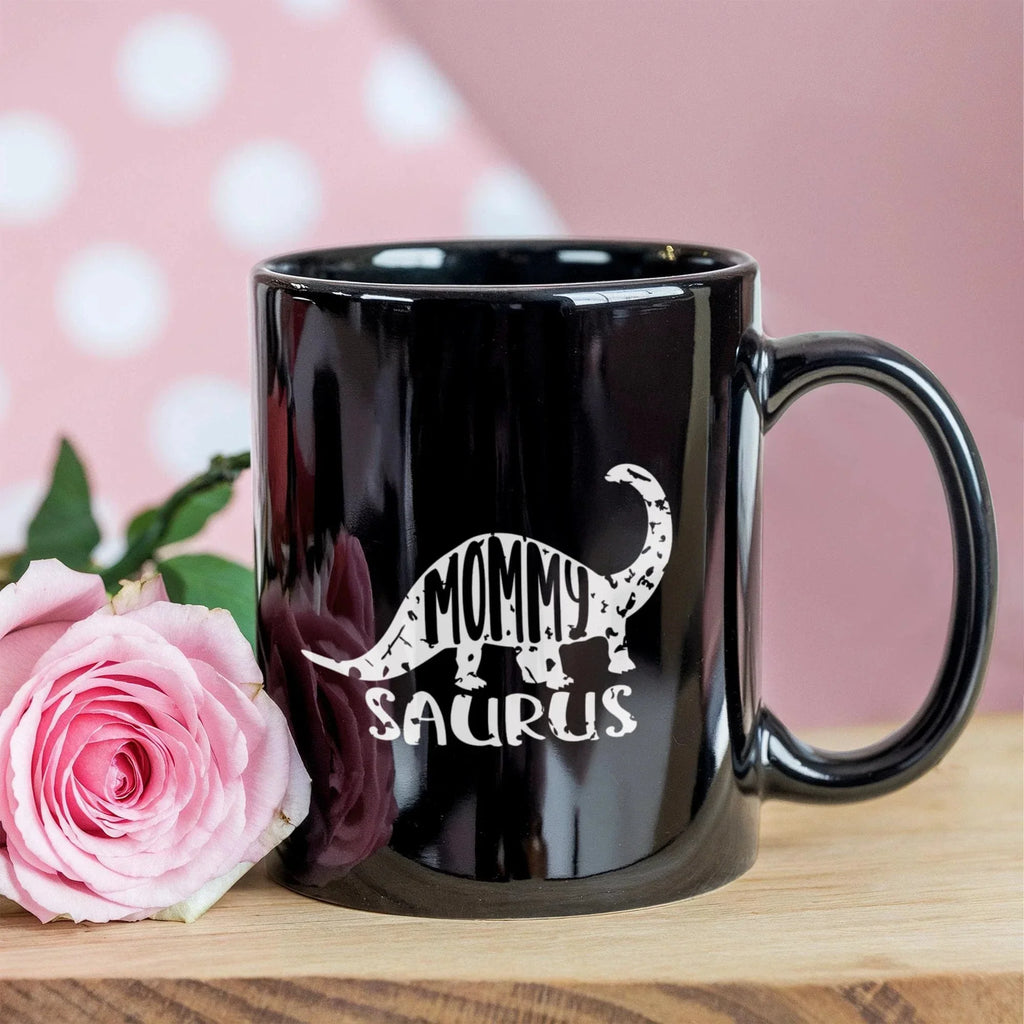 Mommy Saurus Dinosaur Mug – Funny Gift for Moms – Black Ceramic Coffee Mug