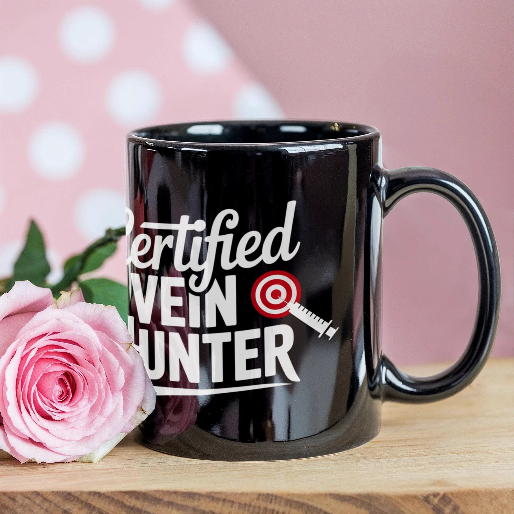 Certified Vein Hunter Phlebotomist Black Coffee Mug – Funny Medical Lab Tech Gift for Coworkers, Nurses & Students